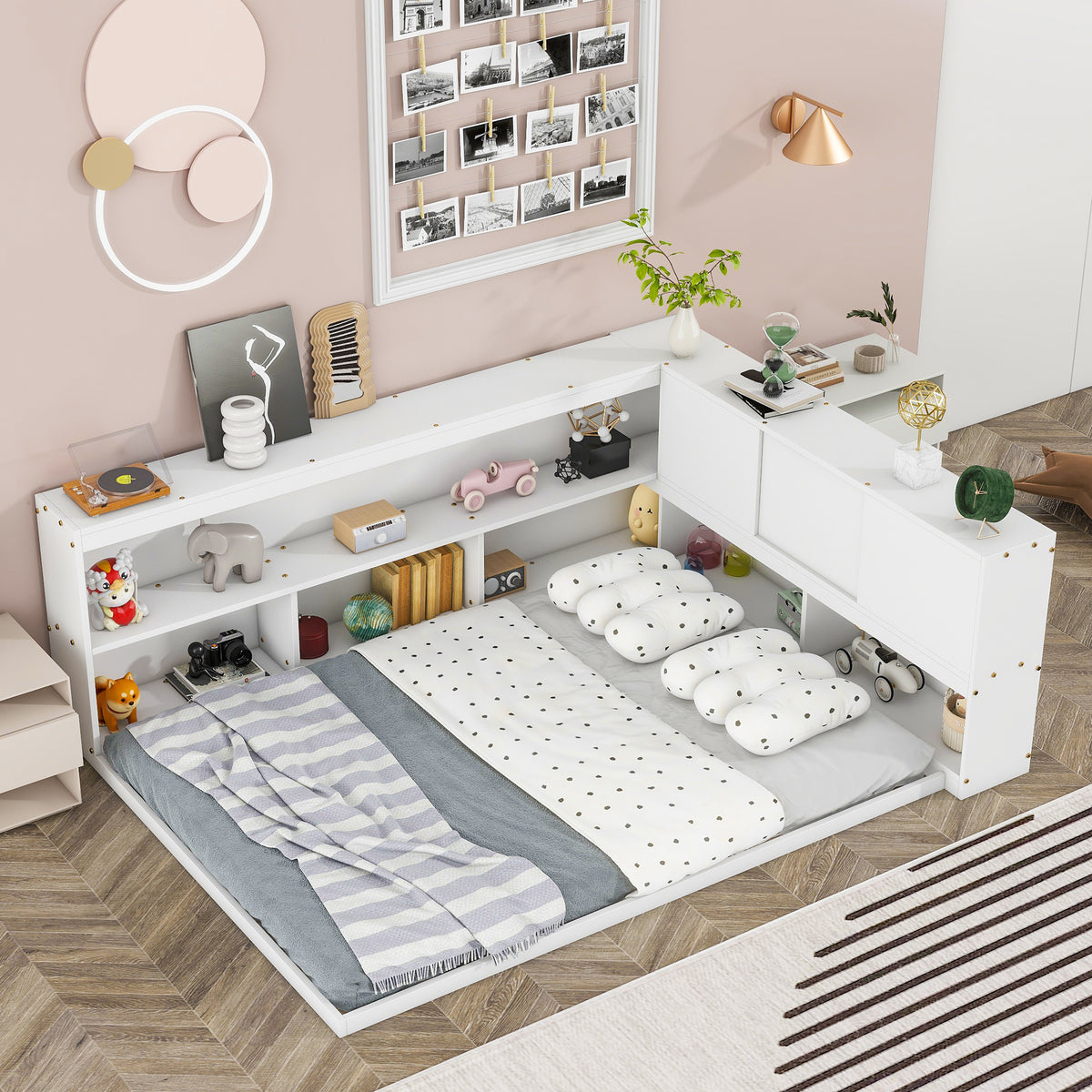 HAOYYE Full Floor Bed with L-shaped Bookcases, sliding doors,without slats,White Sturdy Space-Saving Heavy Duty Modern Design Easy Assembly Durable Stylish Home Furniture Versatile
