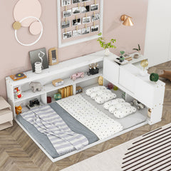 HAOYYE Full Floor Bed with L-shaped Bookcases, sliding doors,without slats,White Sturdy Space-Saving Heavy Duty Modern Design Easy Assembly Durable Stylish Home Furniture Versatile