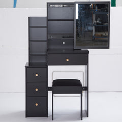 HAOYYE Compact Left-Side Bedside Vanity Table With Cushioned Stool, Sliding Mirror, Multi-Layer High Capacity Storage, Stylish Design, Perfect For Small Spaces, Certified EPA, GCC, UL