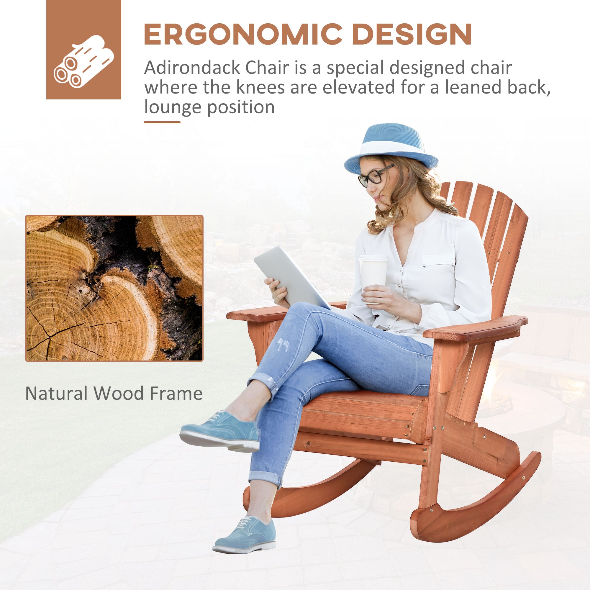 HAOYYE Teak Rocking Chair Made From Solid Weather-Resistant Fir Wood With Painted Finish, Featuring Wide Ergonomic Seat And Fan-Shaped Backrest For Superior Comfort, Slatted Design For Quick Drainage, Ideal For Porch Balcony Backyard Relaxation