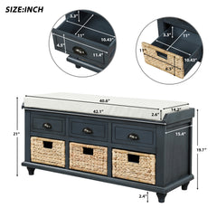 HAOYYE Rustic Storage Bench with Three Drawers and Three Rattan Baskets, Shoe Bench for Living Room or Entryway, Antique Navy, Sturdy Space-Saving Design, Heavy Duty Construction, Easy Assembly, Durable and Stylish Home Furniture