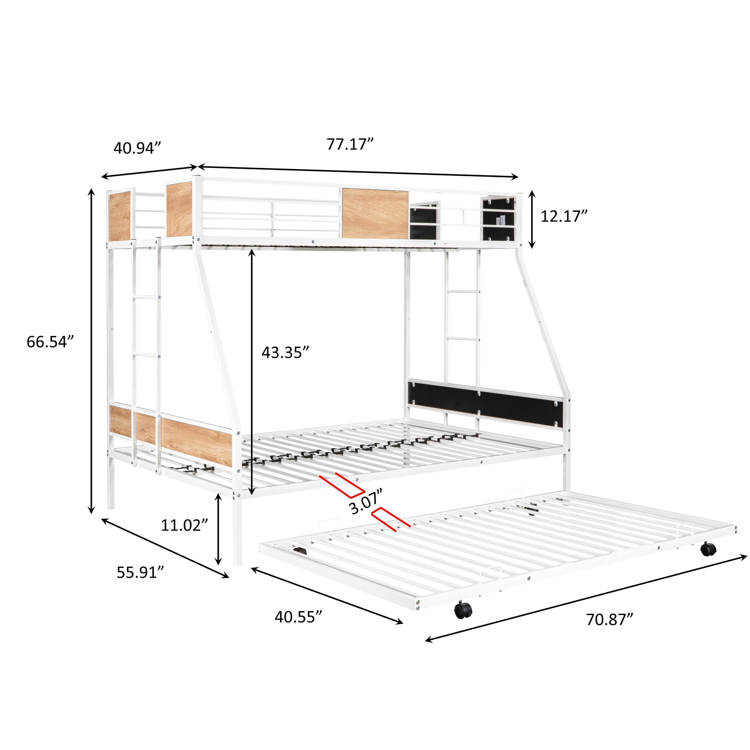 HAOYYE Metal Twin over Full Bunk Bed with Trundle/ Heavy-duty Sturdy Metal/ Noise Reduced/ Safety Guardrail/ Wooden Decoration/ Convenient Trundle / Bunk Bed for Three/ CPC Certified/ No Box Spring Needed