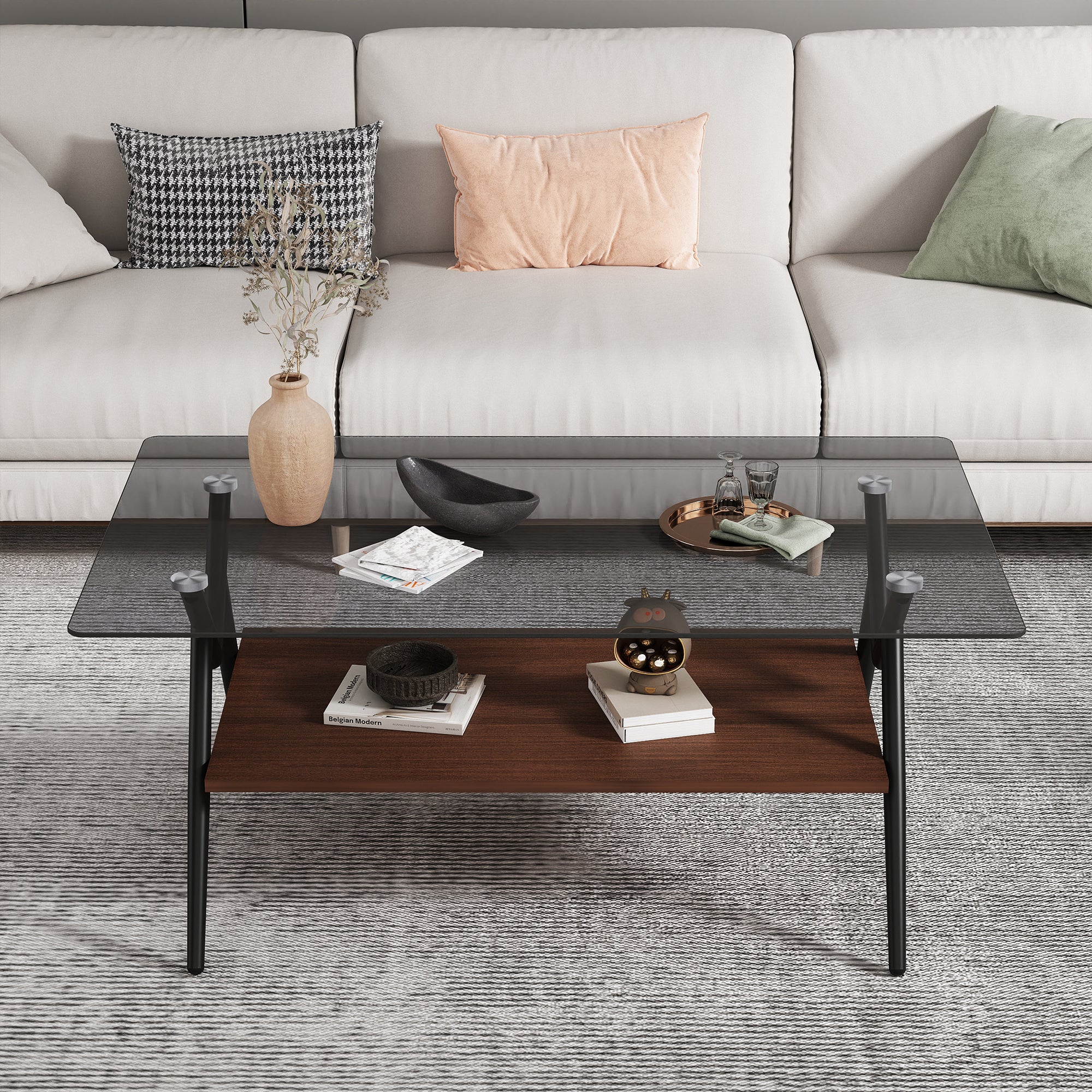 HAOYYE Rectangle Coffee Table with Tempered Glass top and Brown MDF Shelf, Modern Table for Living Room, Gray Glass Sturdy Space-Saving Heavy Duty Modern Design Adults Dorm Room Easy Assembly