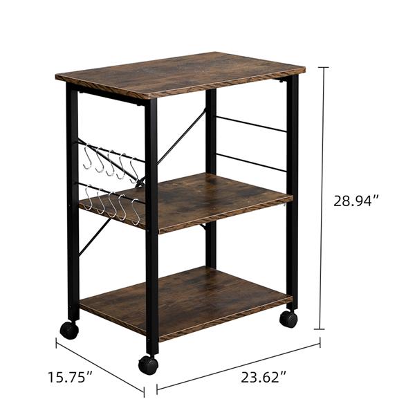 HAOYYE 3-Tier Baker's Rack Kitchen Utility Storage Cart with Microwave Oven Stand, Vintage Wood Grain Top and Black Metal Frame, Industrial Workstation Shelf with Hooks for Spices Cookware Appliances for Home Apartment Pantry Dining Room