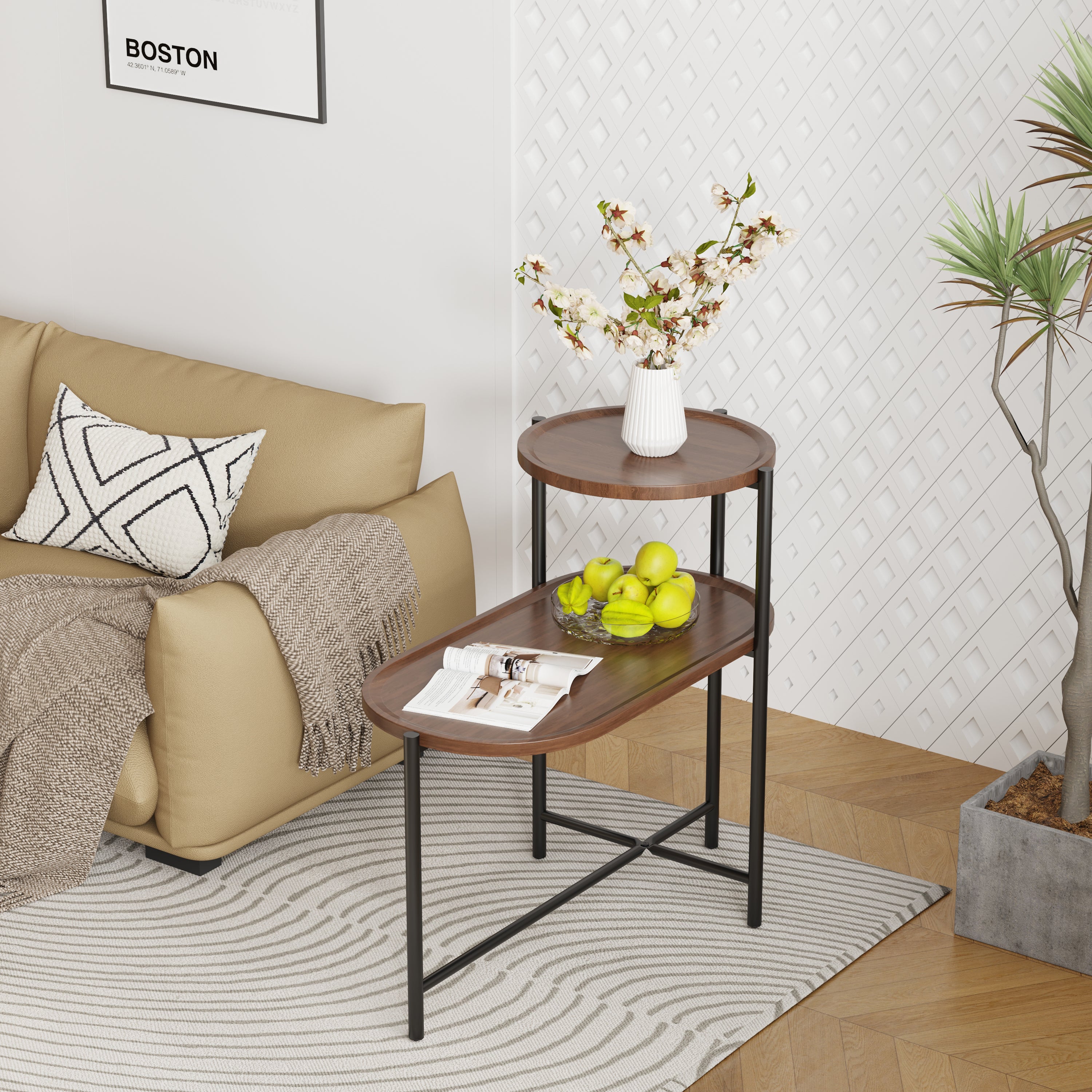 HAOYYE Small Coffee Table 2-Tier Modern Sofa Side Table with Wood Storage Shelf Living Room End Table Nightstand Walnut Brown Sturdy Space-Saving Heavy Duty Modern Design for Adults Dorm Room