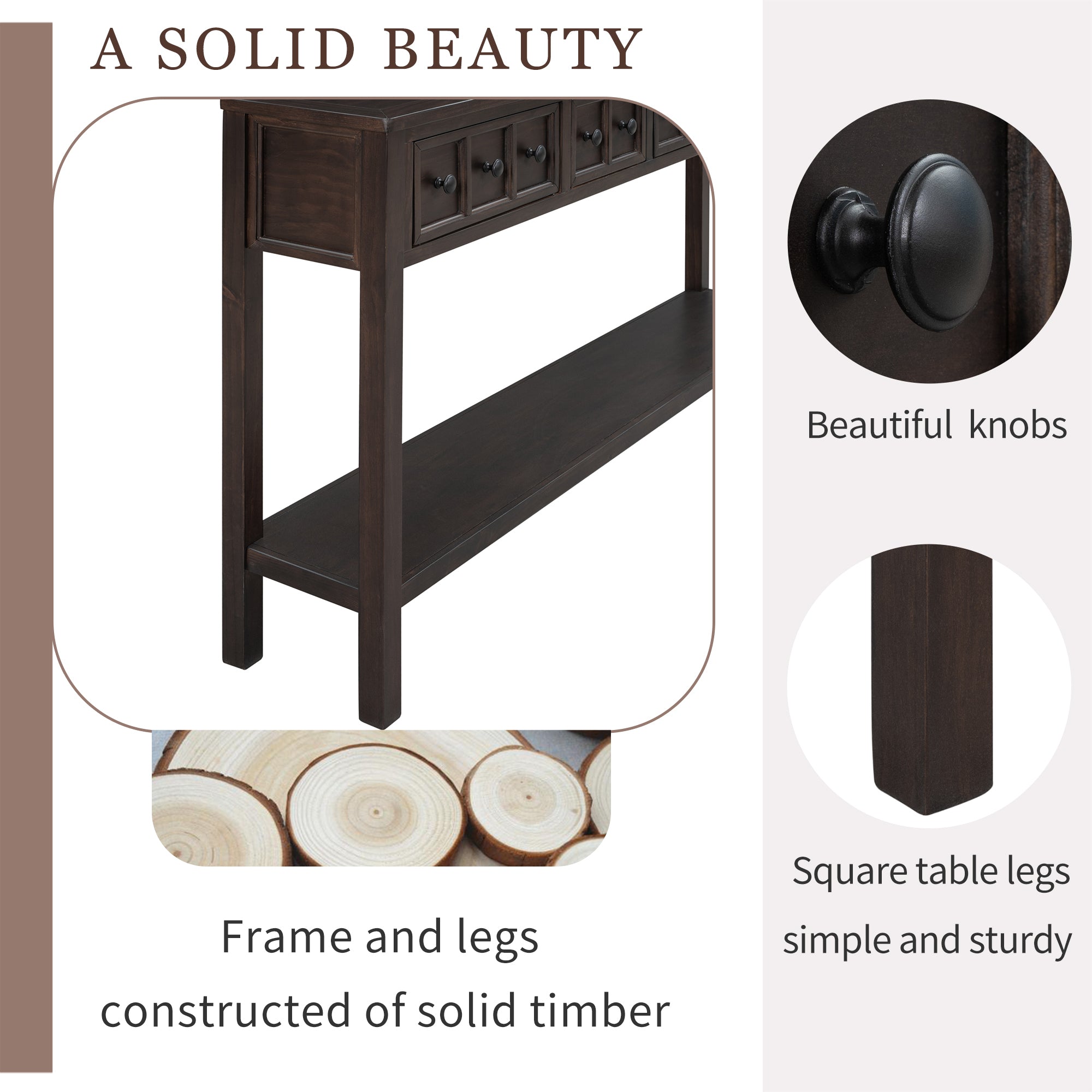 HAOYYE Rustic Entryway Console Table, Long Sofa Table with Two Drawers and Bottom Storage Shelf, Espresso, Sturdy Space-Saving Design, Heavy Duty Construction, Easy Assembly, Durable and Stylish Home Furniture