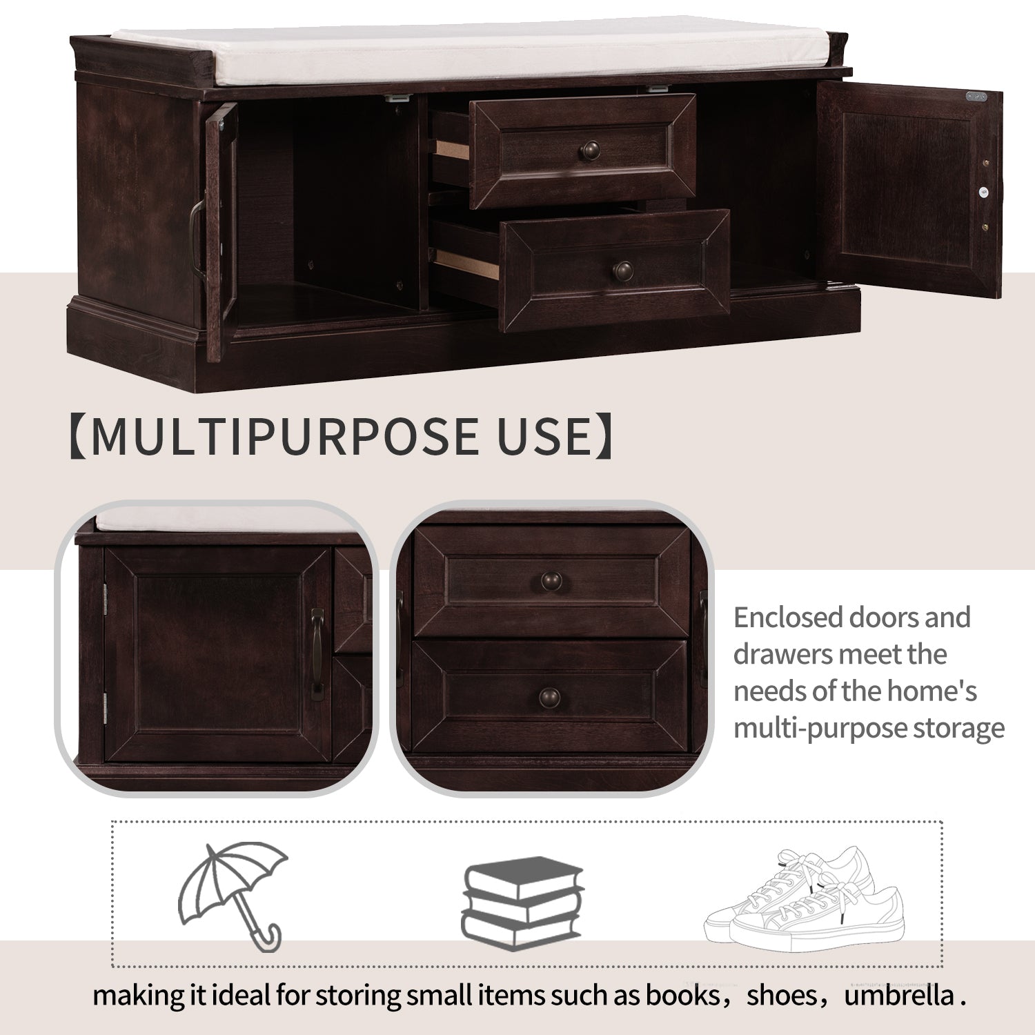 HAOYYE Storage Bench with 2 Drawers and Cabinets, Shoe Bench with Removable Cushion for Living Room, Entryway, Sturdy Space-Saving Heavy Duty Construction, Espresso Finish, Modern Design for Adults and Dorm Rooms