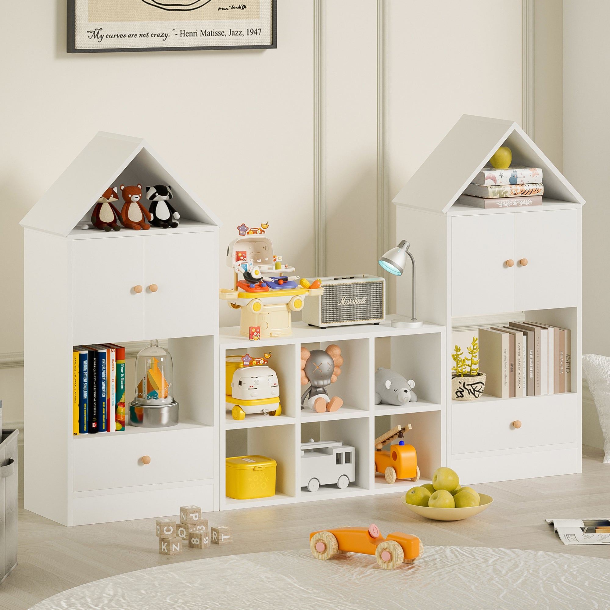 HAOYYE Versatile Bookshelf with House-Shaped Design, Multifunctional Storage Organizer for Books and Toys, Durable and Safe for Playroom or Bedroom, Easy to Assemble