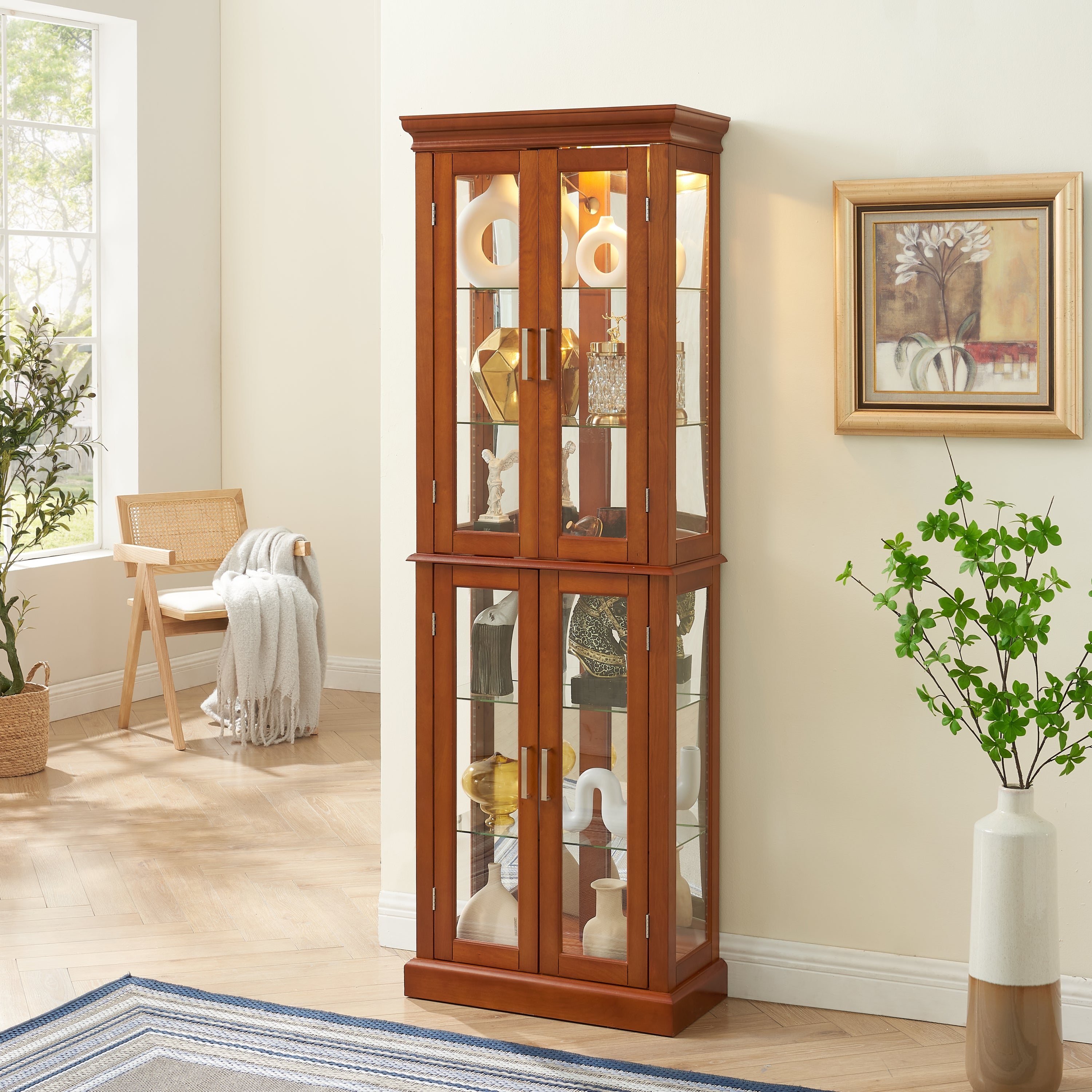 Haoyye Lighted Curio Cabinet with Adjustable Shelves Mirrored Back Panel Tempered Glass Doors Walnut 6 Tier Heavy Duty Space-Saving Sturdy Display Cabinet