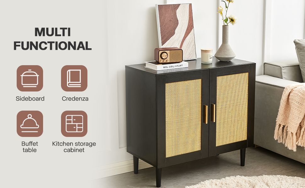 HAOYYE Side panel buffet cabinet with natural rattan door, rattan storage cabinet with adjustable shelves, side panel and buffet with storage space, modern console cabinet in bedroom and living room Sturdy
