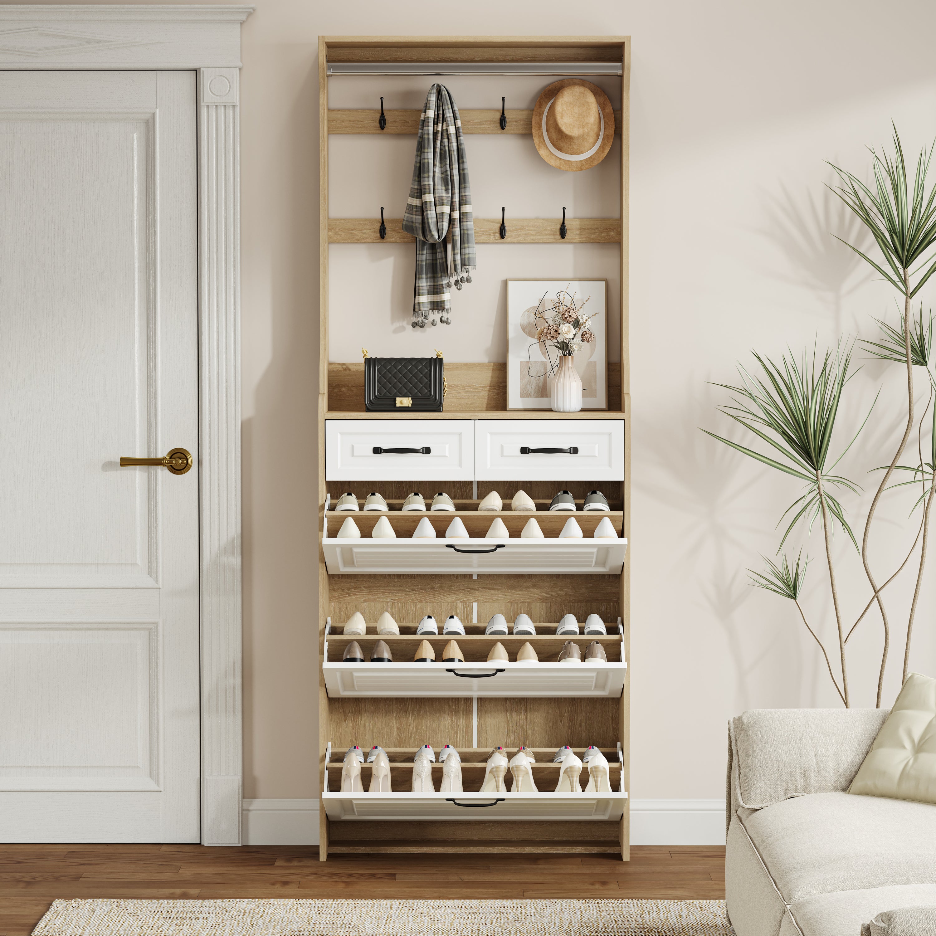 HAOYYE Oak Shoe Cabinet With 3 Doors And 2 Drawers, Large Storage Capacity With Hanger, Modern Sturdy Space-Saving Design For Bedrooms, Dorm Rooms, And Entryways, Heavy Duty And Easy To Assemble