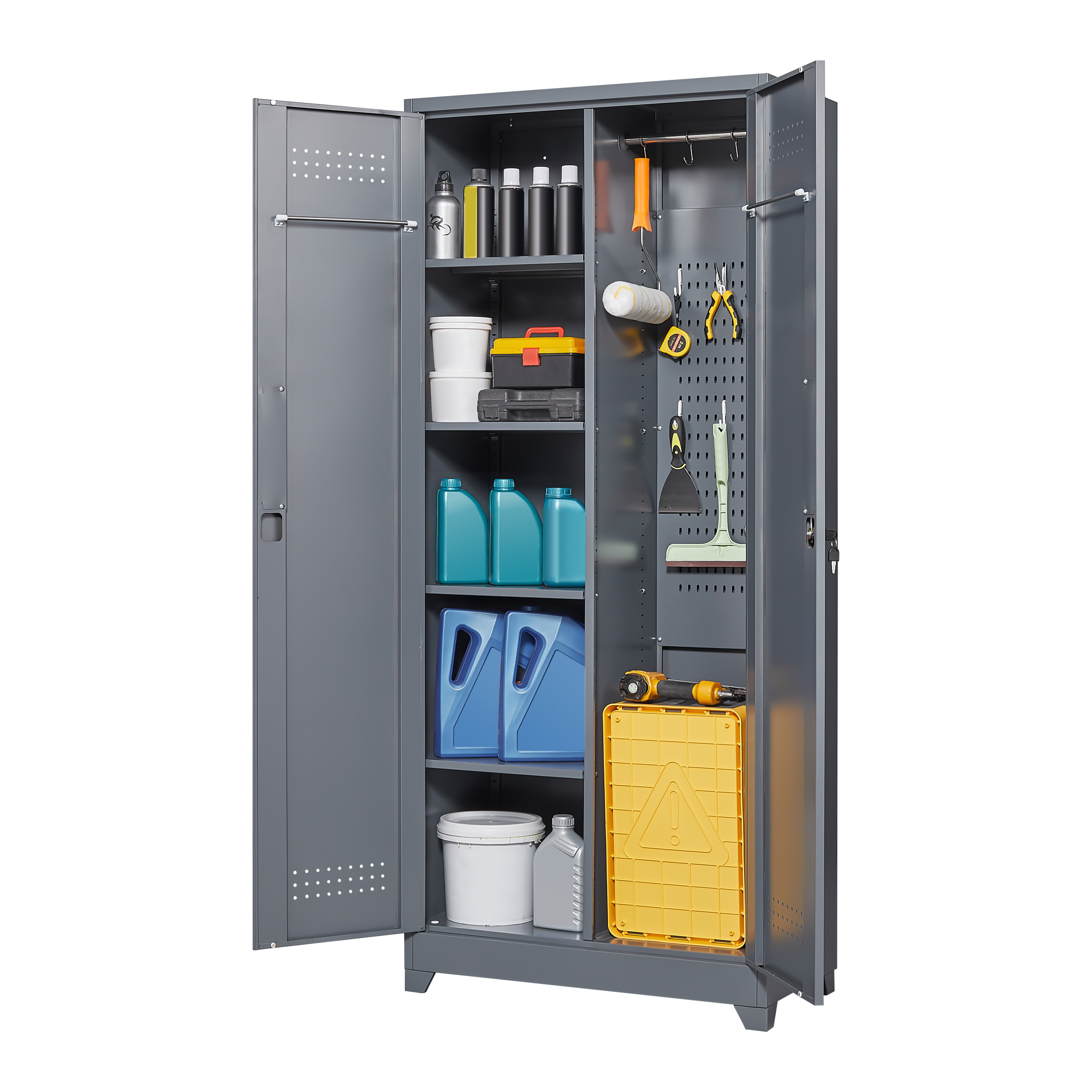 HAOYYE Metal Storage Cabinets, Cleaning Tool Cabinet with Locking Door, Tall Broom Tool Organizer and Storage, Large Storage Cabinet for Kitchen, Pantry, Office, Shop Sturdy Space-Saving Heavy Duty Durable