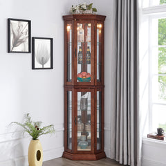 HAOYYE Corner Curio Cabinet with Lights, Adjustable Tempered Glass Shelves, Mirrored Back, Display Cabinet,Light Walnut (E26 light bulb not included) Sturdy Space-Saving Heavy Duty Modern Design Adults