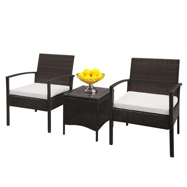 HAOYYE 3-Piece Rattan Patio Conversation Set with 2 Armchairs and Square Glass Coffee Table, PE Wicker Outdoor Sofa Set with Cushions,Porch, Backyard, Balcony