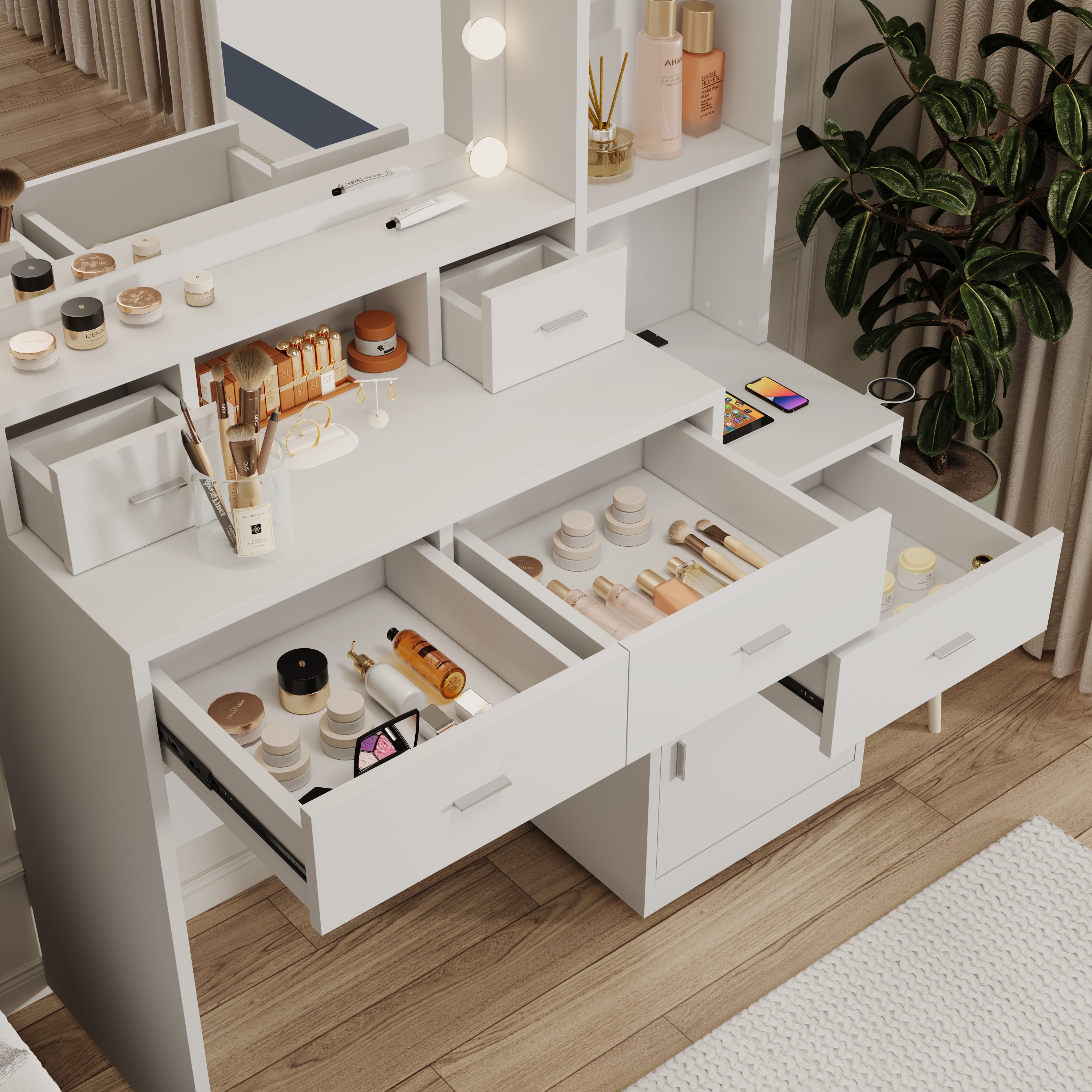 HAOYYE Smart Mirror Dressing Table with Drawers and Storage Cabinet, Modern Design with Soft Dressing Pad, Sturdy Space-Saving Heavy Duty Construction, Ideal for Bedroom and Dressing Room, Perfect for Adults