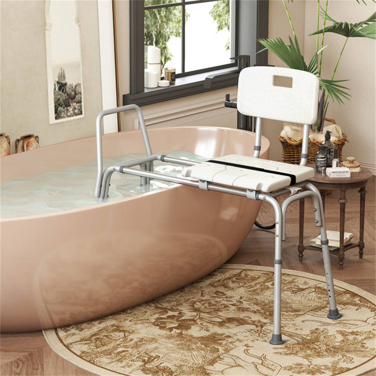 HAOYYE White Ultra Wide Bathroom Seat With 9-Level Adjustable Height Sliding Tub Transfer Bench Safety Handrail And Belt For Seniors Disabled Pregnant Women Post Surgery Rustproof Aluminum Frame Non-Slip Suction Cups