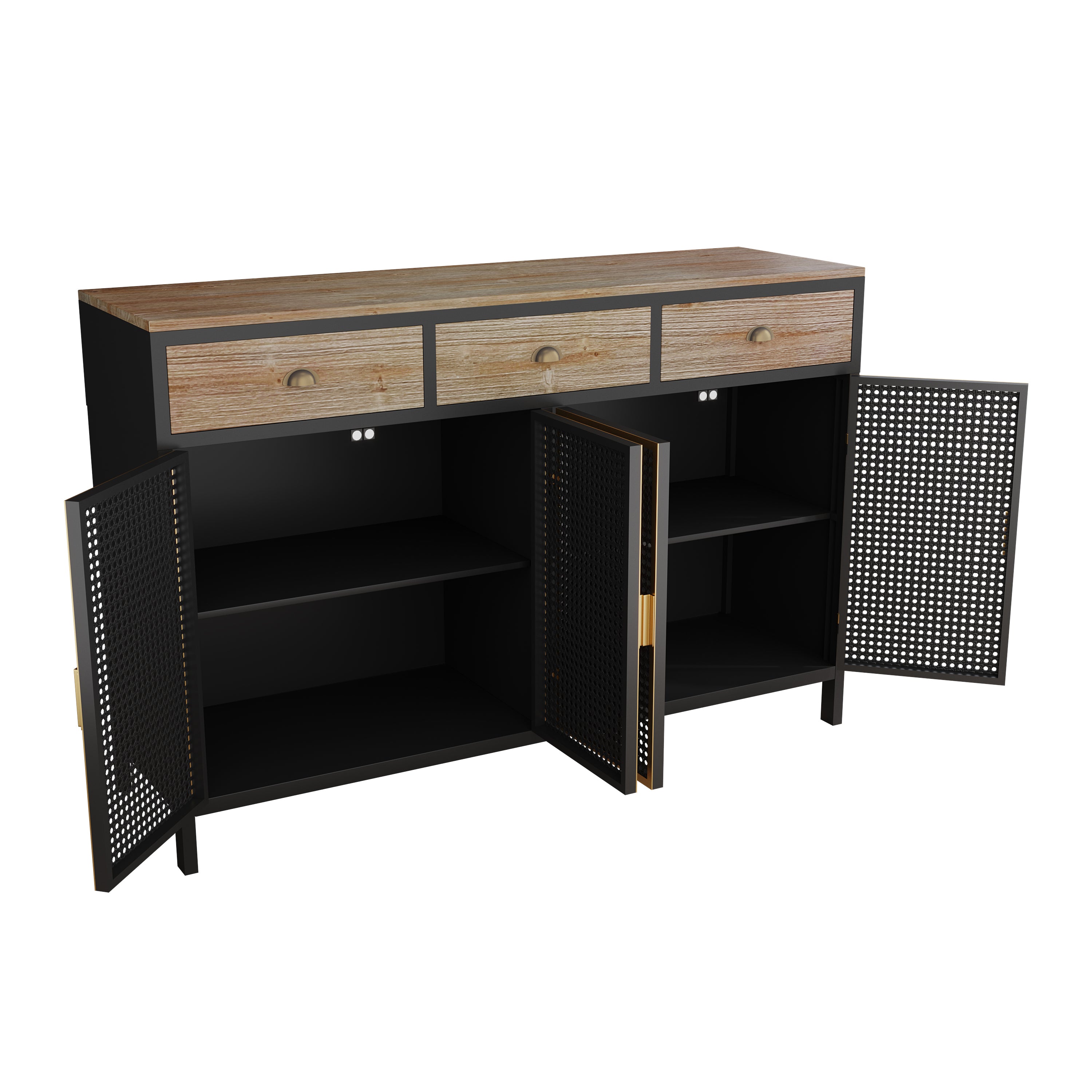HAOYYE Modern Sideboard With 4 Doors And 3 Top Drawers, Freestanding Storage Cabinet For Entryway, Living Room, Office, Or Bedroom, Sturdy Space-Saving Heavy Duty Design