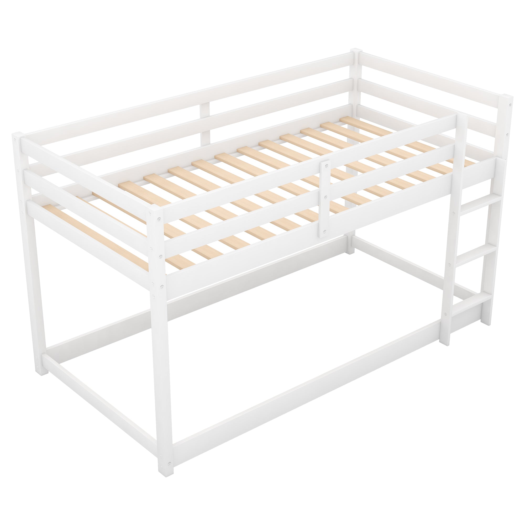 HAOYYE Twin over Twin Floor Bunk Bed with Ladder , White(Old SKU:WF281727AAK/WF286602AAK) Sturdy Space-Saving Heavy Duty Modern Design Adults Dorm Room Easy Assembly Bedroom Furniture