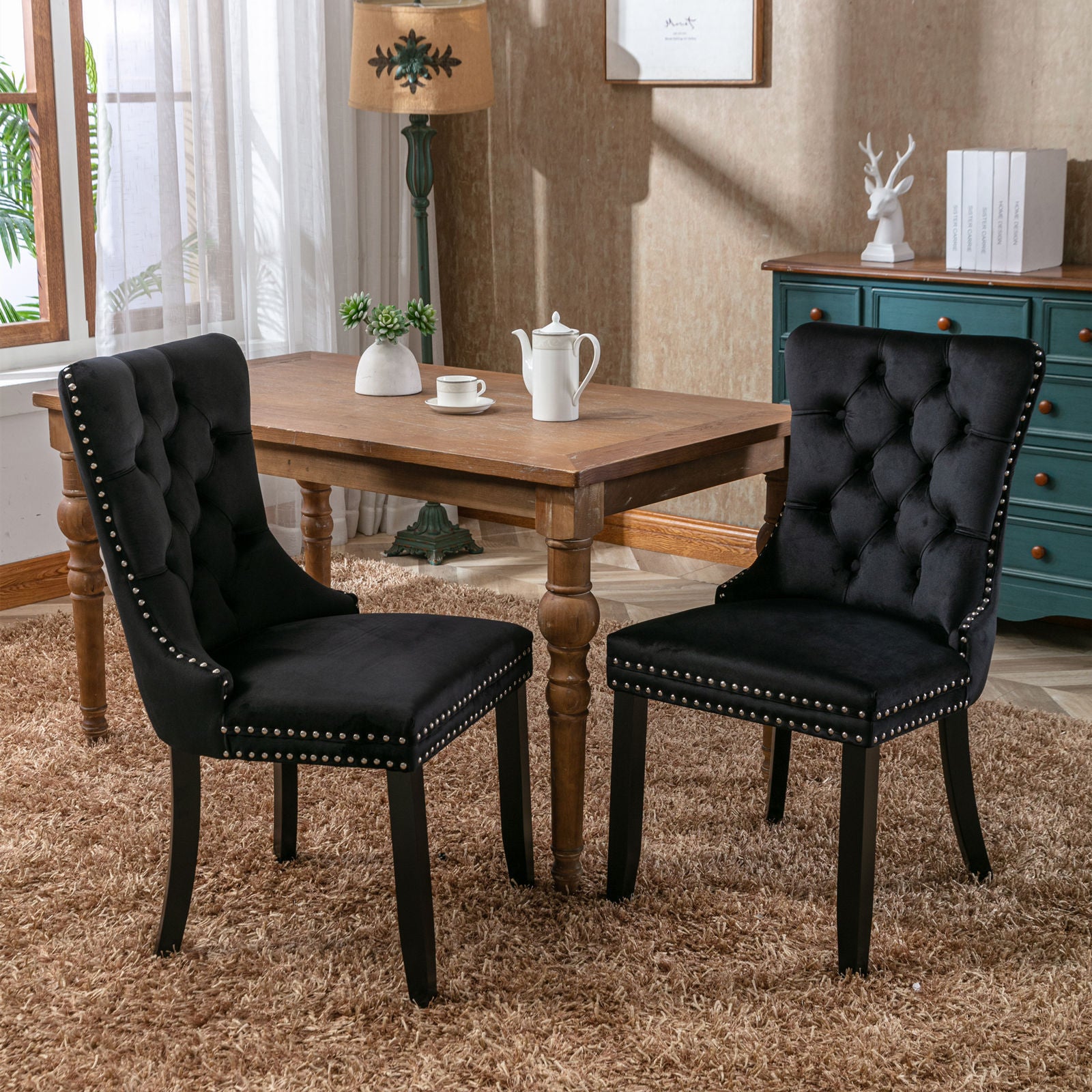 HAOYYE High-end Tufted Solid Wood Contemporary Velvet Upholstered Dining Chair with Wood Legs Nailhead Trim 2-Pcs Set, Black, SW2001BK Sturdy Space-Saving Heavy Duty Modern Design