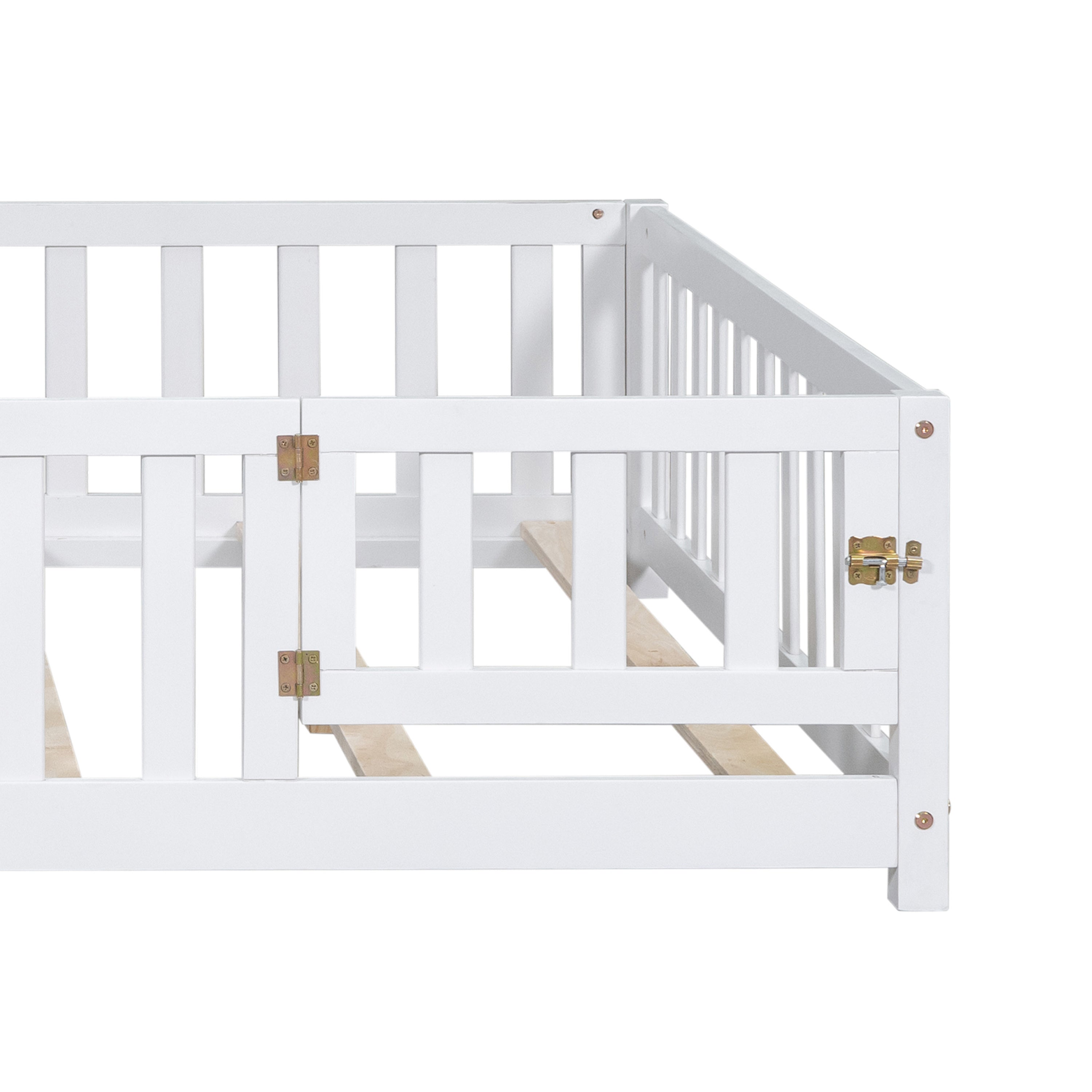 HAOYYE Full Size Floor Platform Bed with Fence and Door for , Montessori Floor Bed Frame with Support Slats for Toddlers, Wooden Floor Bed White Sturdy Space-Saving Heavy Duty Modern Design Adults