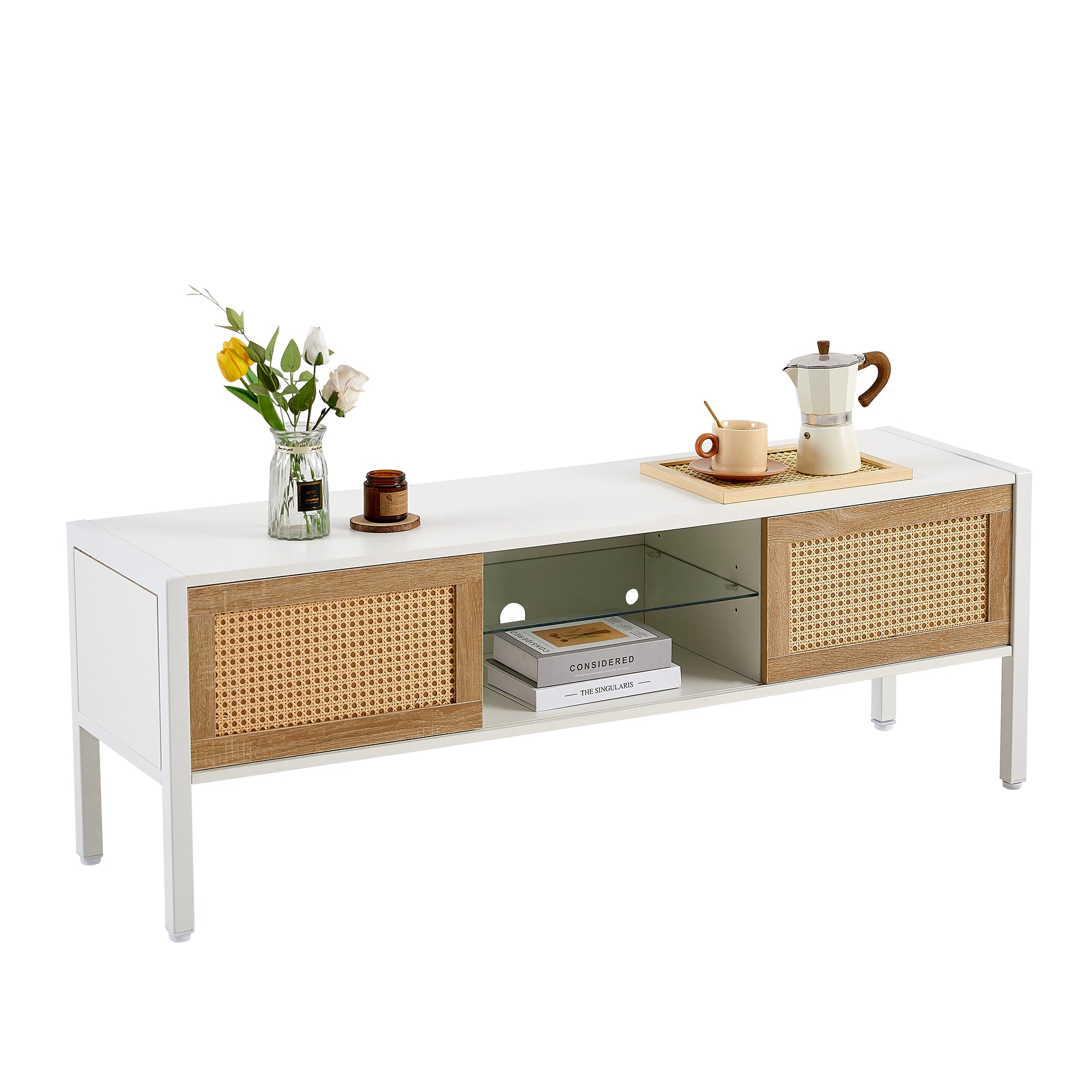 HAOYYE Rattan TV Cabinet with Adjustable Shelf and Variable Color Light Strip, Double Sliding Doors for Storage, Metal Legs, Durable and Space-Saving, Modern TV Console for Living Room, White