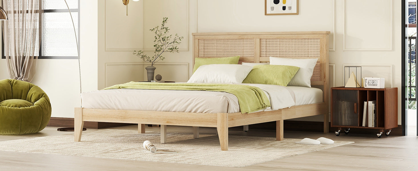 HAOYYE Queen Size Rubber Wooden, Solid Wooden Bed with Rattan Headboard, Enhanced by Support Feet,Oak White Sturdy Space-Saving Heavy Duty Modern Design Adults Dorm Room Easy Assembly Bedroom Furniture