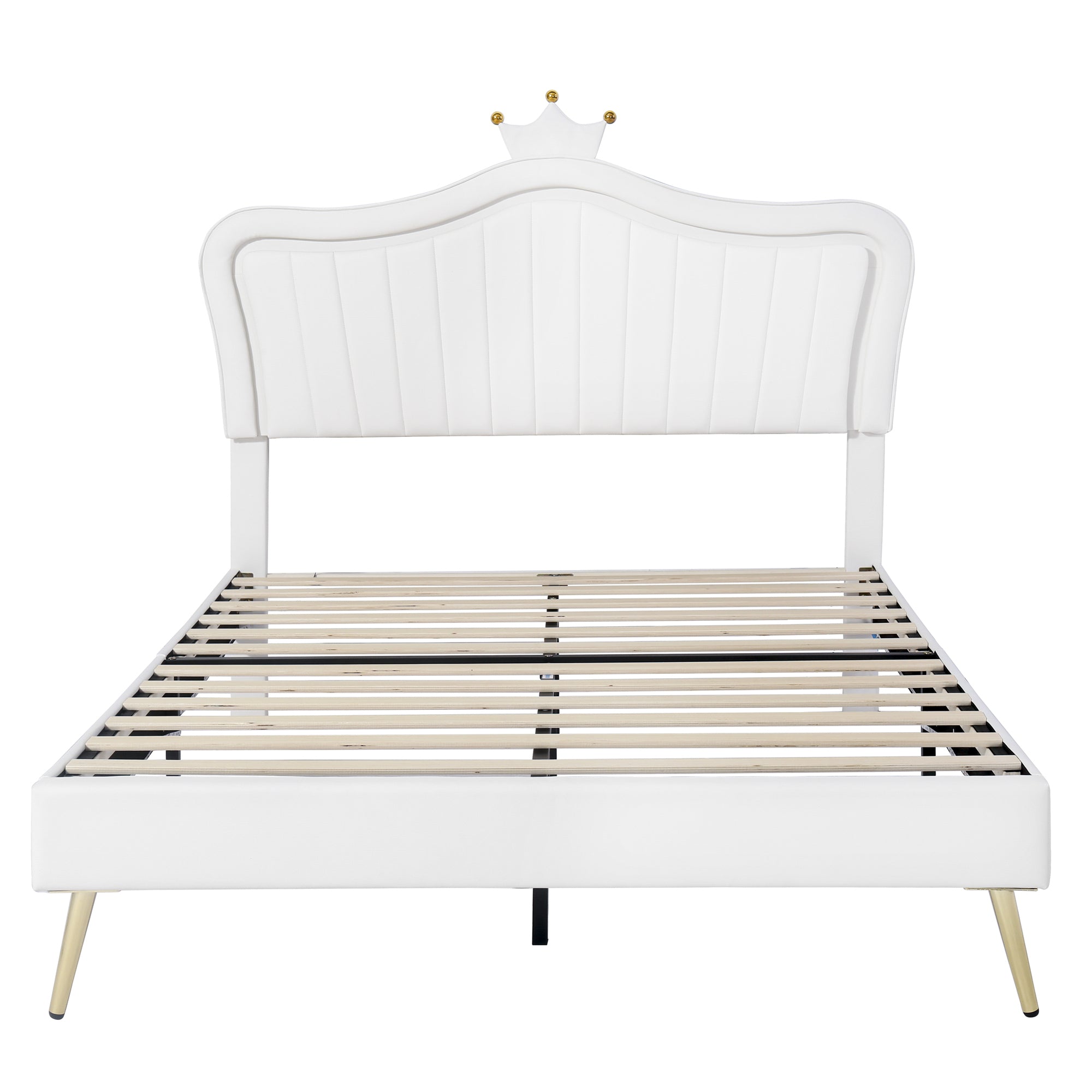 HAOYYE Queen Size Upholstered Bed Frame with LED Lights,Modern Upholstered Princess Bed With Crown Headboard,White Sturdy Space-Saving Heavy Duty Modern Design Adults Dorm Room Easy Assembly