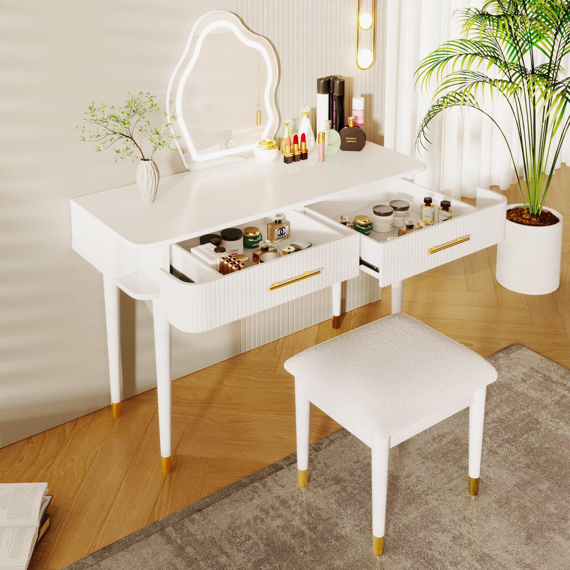 HAOYYE 40" Modern Vanity Table Set with Mirror Touch Screen Lighted Mirror, Dressing Table and Cushioned Stool Set with 2 Large Drawers, White