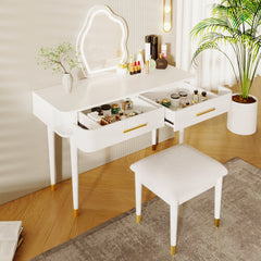 HAOYYE 40" Modern Vanity Table Set with Mirror Touch Screen Lighted Mirror, Dressing Table and Cushioned Stool Set with 2 Large Drawers, White