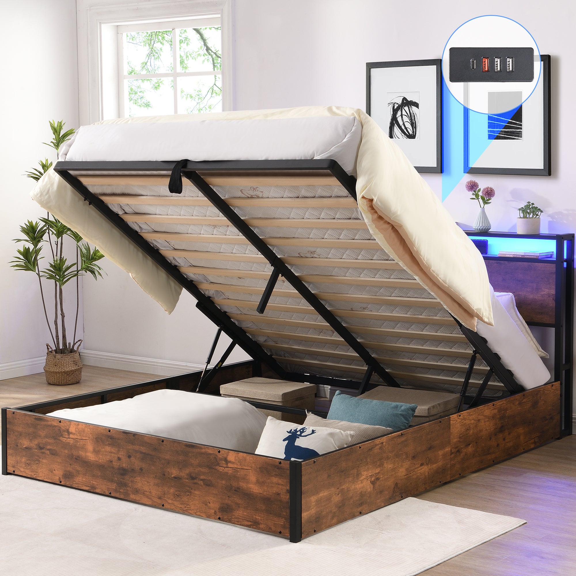 HAOYYE Lift-up Storage Bed Frame, Queen Size Bed Frame with Bookcase Headboard & LED Lights, Wooden Platform Bed Frame with Charging Station, No Spring Box Needed, Rustic Brown Sturdy Space-Saving Heavy Duty