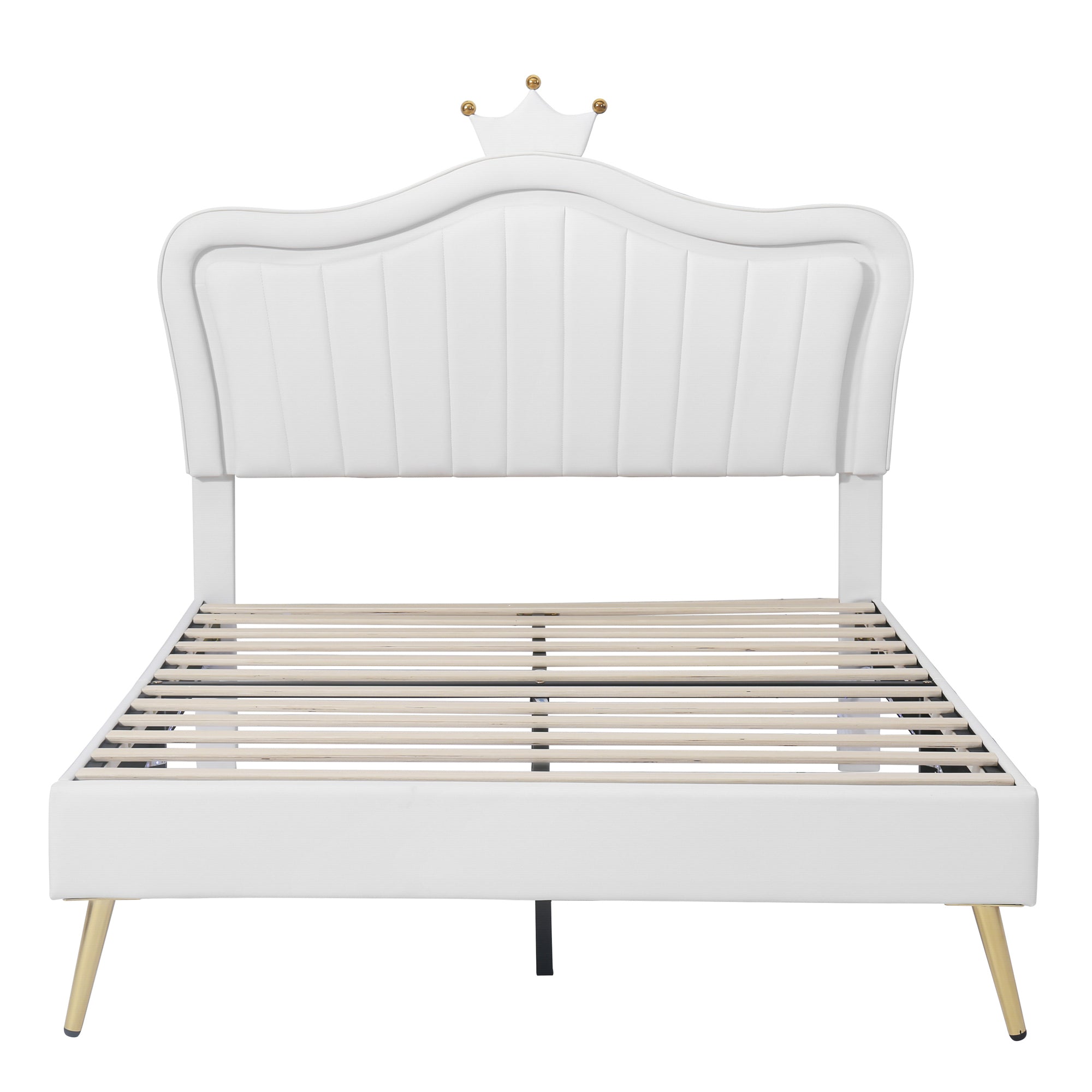 HAOYYE Full Size Upholstered Bed Frame with LED Lights,Modern Upholstered Princess Bed With Crown Headboard,White Sturdy Space-Saving Heavy Duty Modern Design Adults Dorm Room Easy Assembly