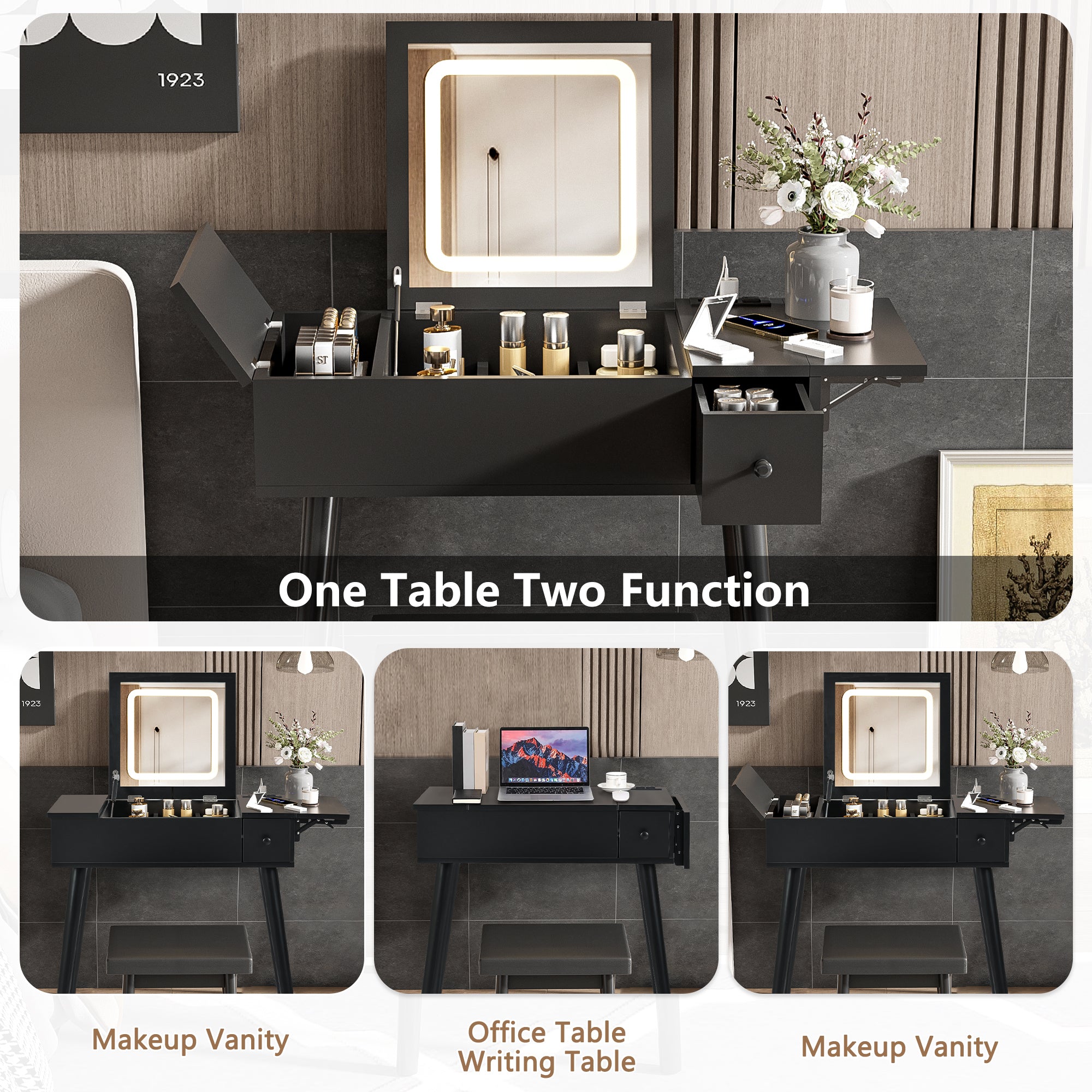HAOYYE 27.9'' Black Makeup Vanity Desk with Flip Top Mirror and LED Light, Dressing Table with Charging Station, 2 Drawers and Fold-up Panel, Vanity Set with Cushioned Stool for Bedroom