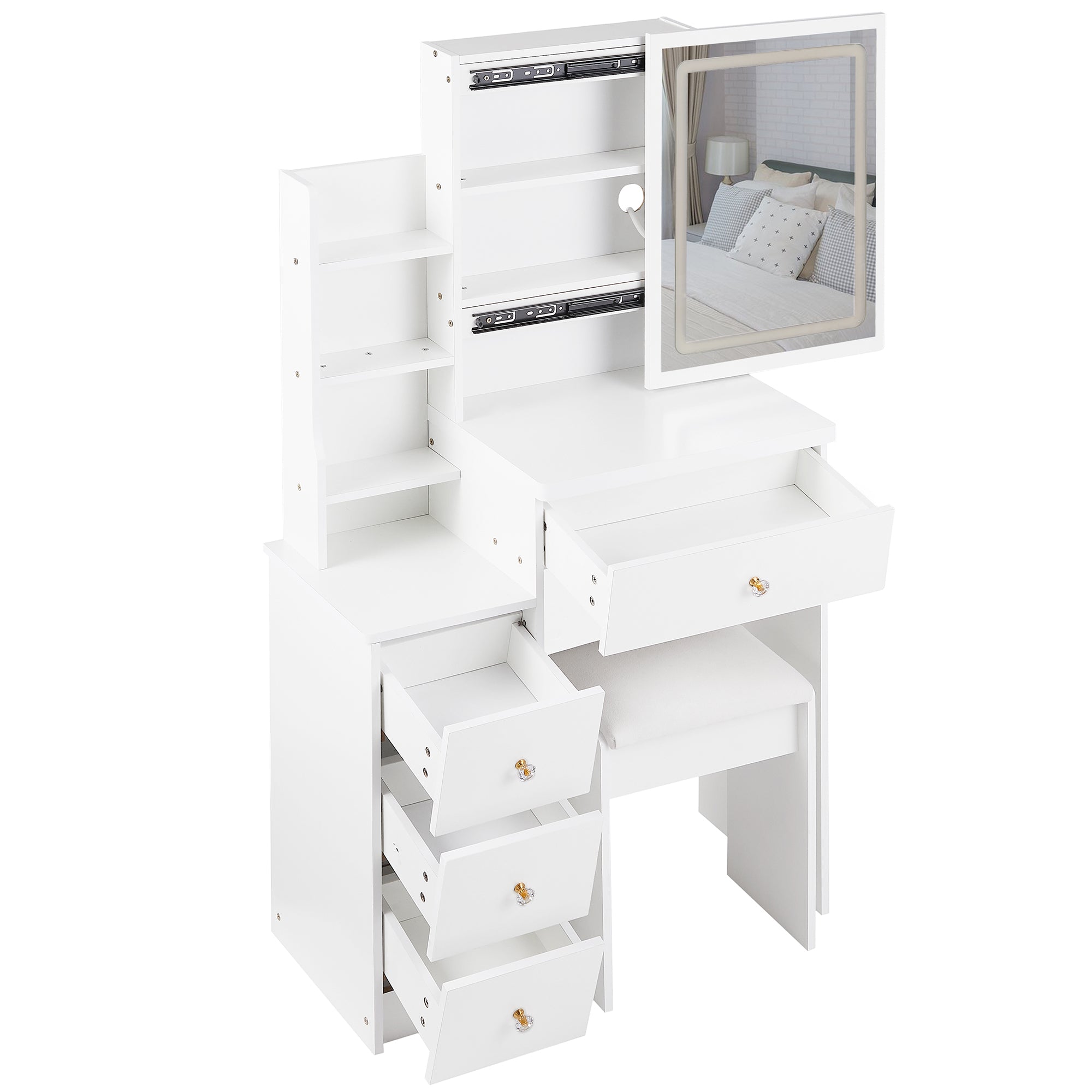 HAOYYE Small Size Left Bedside Cabinet Vanity Table + Cushioned Stool, Touch Control Sliding LED Mirror, Tri-color Switching, Brightness Adjust, Multi Layer, Suitable for Small Space, EPA,GCC,UL Certificate