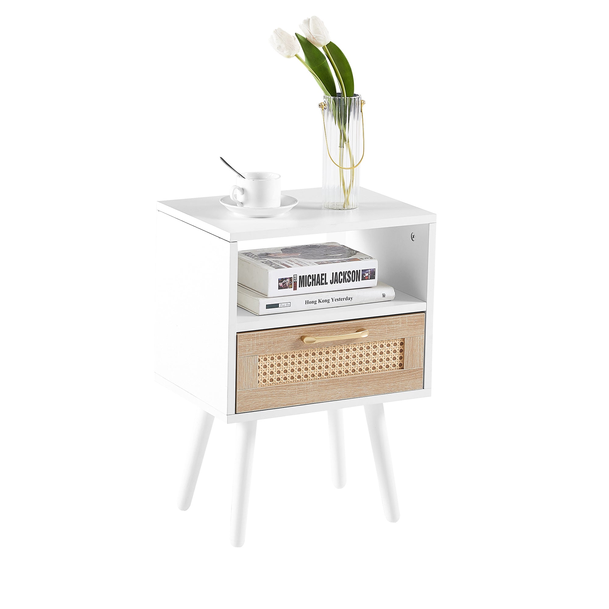 HAOYYE Rattan End Table With Drawer And Solid Wood Legs, Modern Nightstand For Bedroom And Living Room, Sturdy Space-Saving Heavy Duty Design, Easy Assembly, White