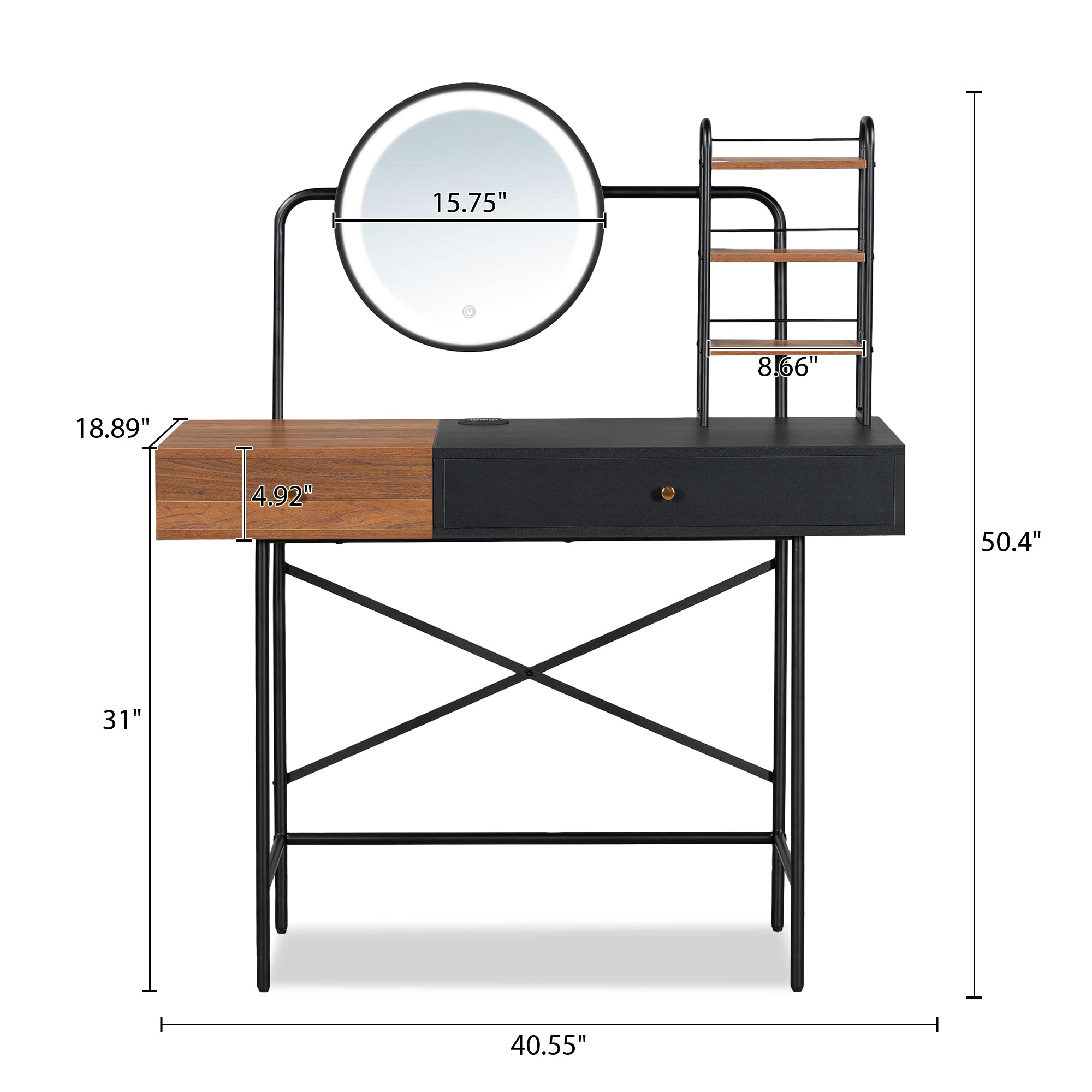 HAOYYE GO 40" Makeup Vanity Desk with 3-Mode Lighted Mirror & Wireless Charging Station , Vanity Table with Drawer & 3 Open Shelves for Ample Storage Space, Dressing Table for Bedroom, Black