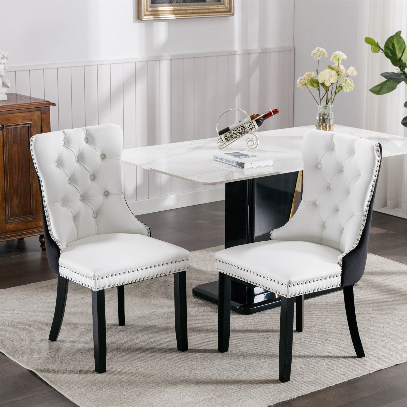 HAOYYE Nikki Collection Modern,High-end Tufted Solid Wood Contemporary PU and Velvet Upholstered Dining Chair with Wood Legs Nailhead Trim 2 Pcs Set,White+Black, SW2101WB Sturdy Space-Saving