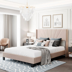HAOYYE Queen Size Velvet Upholstered Platform Bed, Box Spring Needed - Beige Sturdy Space-Saving Heavy Duty Modern Design Adults Dorm Room Easy Assembly Bedroom Furniture