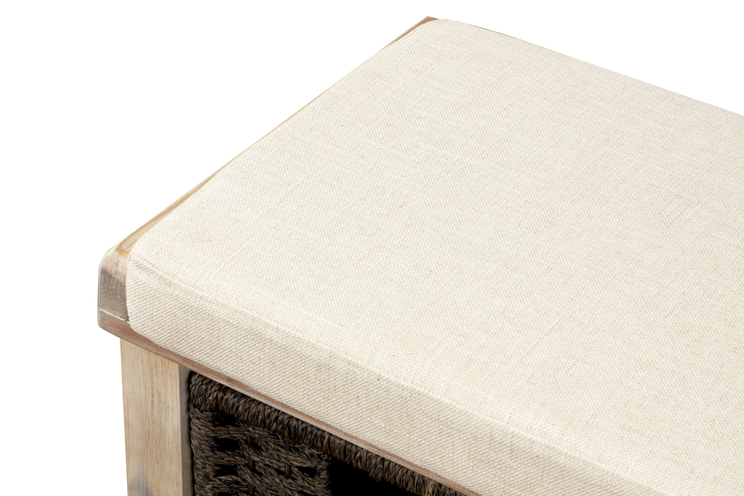 HAOYYE Rustic Storage Bench with 3 Removable Classic Rattan Basket , Entryway Bench with Removable Cushion (White Washed) Sturdy Space-Saving Heavy Duty Modern Design Easy Assembly Durable Stylish