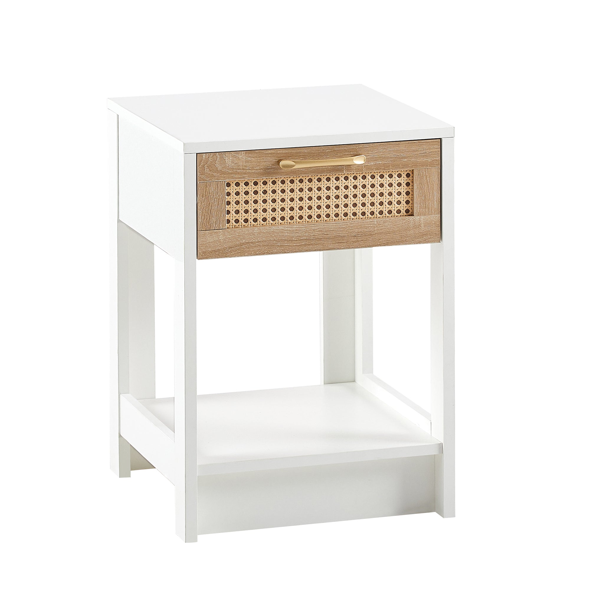 HAOYYE Rattan Side Table with Drawer, Modern White End Table, Sturdy Space-Saving Design, Heavy Duty Construction, Easy Assembly, Stylish and Durable Home Furniture for Living Room or Bedroom