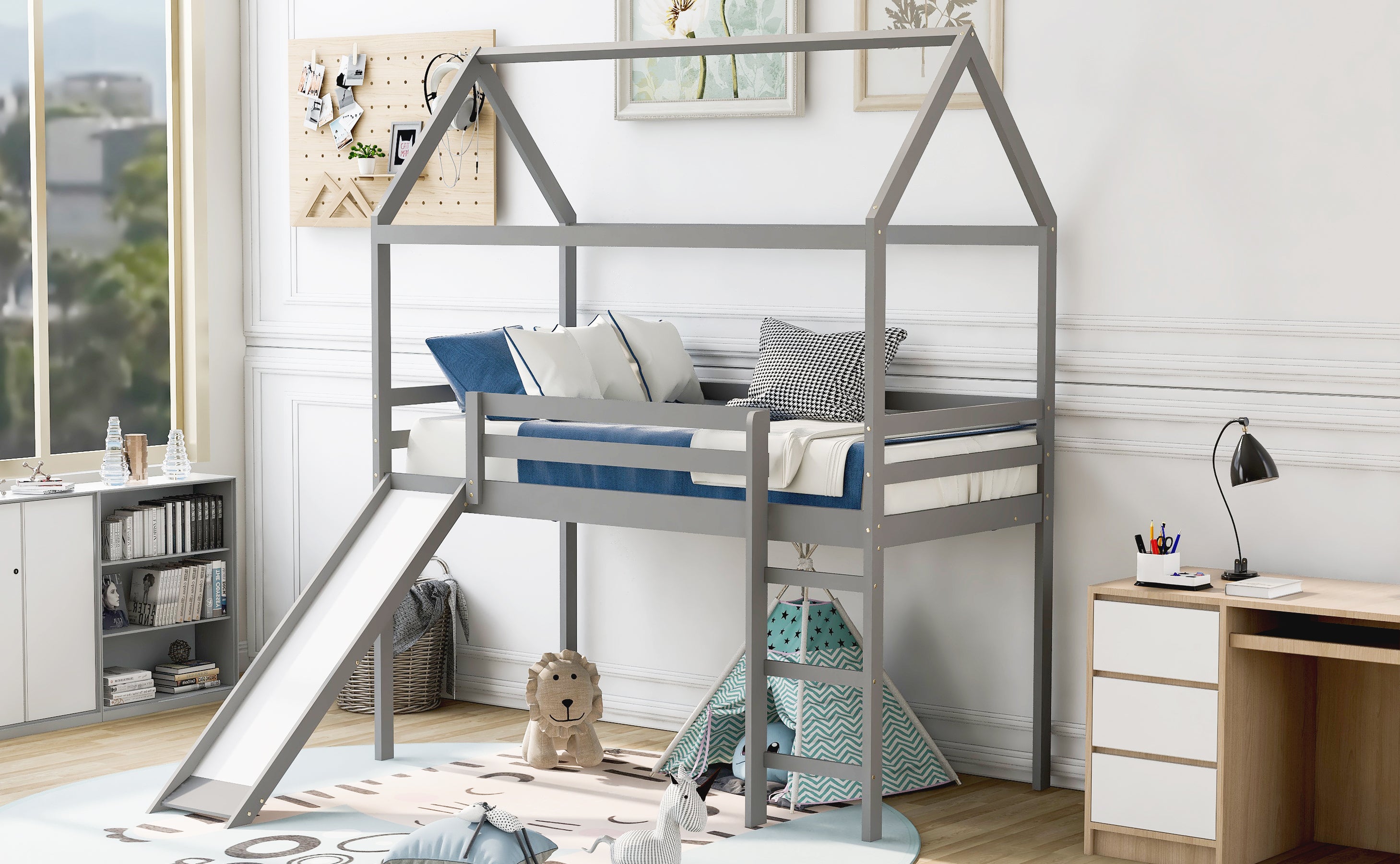 HAOYYE Twin Loft Bed with Slide, House Bed with Slide,Gray(OLD SKU :WF286245AAE) Sturdy Space-Saving Heavy Duty Modern Design Adults Dorm Room Easy Assembly Bedroom Furniture