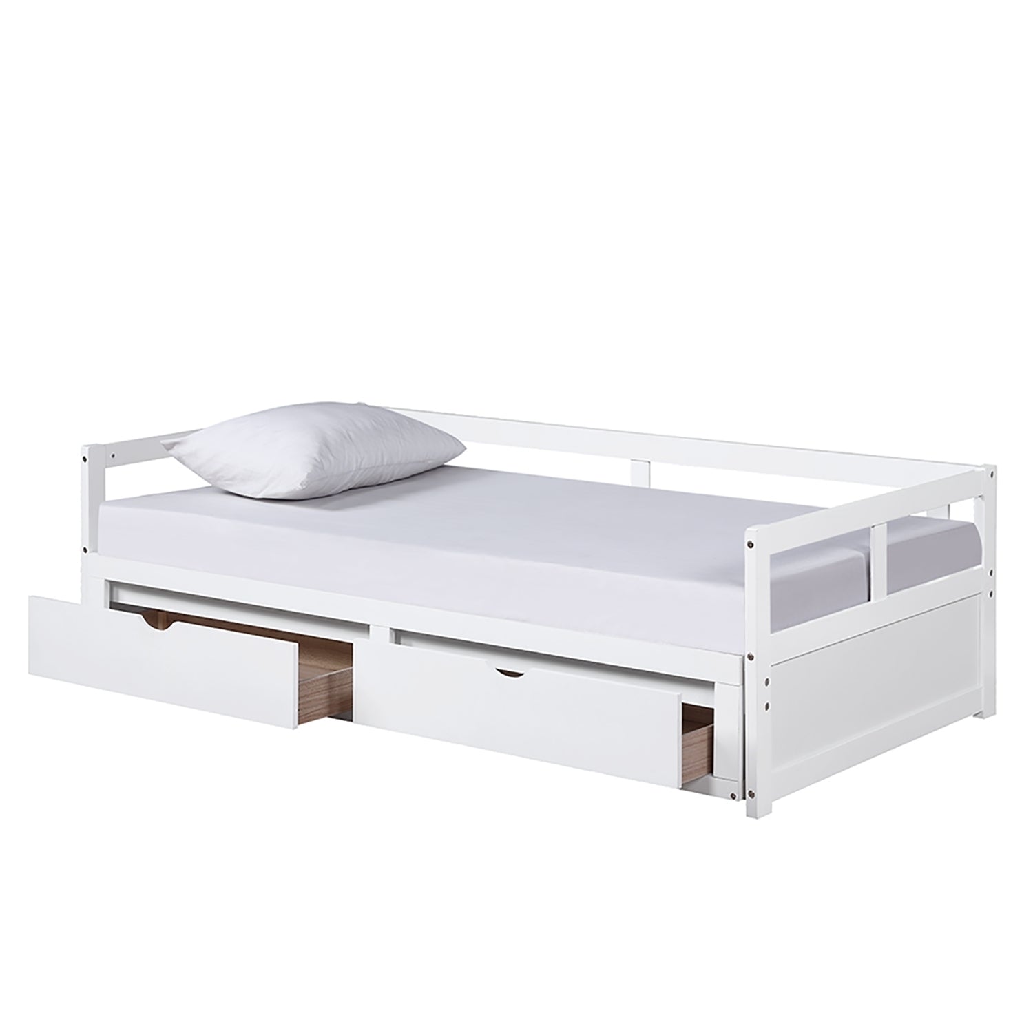 HAOYYE Wooden Daybed with Trundle and Storage Drawers, Extendable Sofa Bed for Bedroom or Living Room, White, Sturdy Space-Saving Design, Heavy Duty Construction, Easy Assembly, Durable and Stylish Home Furniture