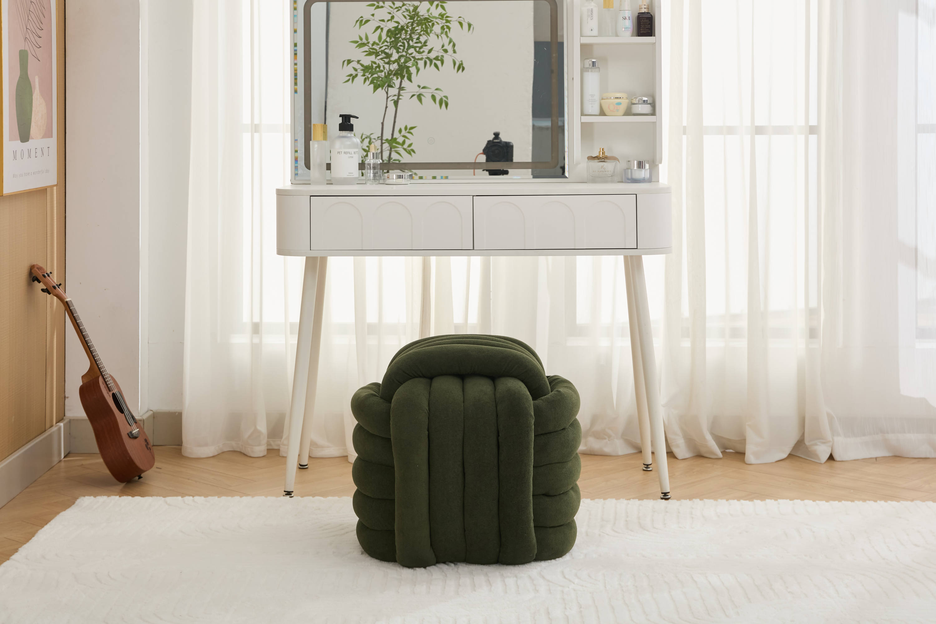 Haoyye Modern Chenille Fabric Knot Design Ottoman Makeup Stool Footstool, Comfortable and Stylish Seat, Perfect for Living Room and Bedroom, Space-Saving Heavy Duty Construction, Durable Furniture for Adults Dorm Room