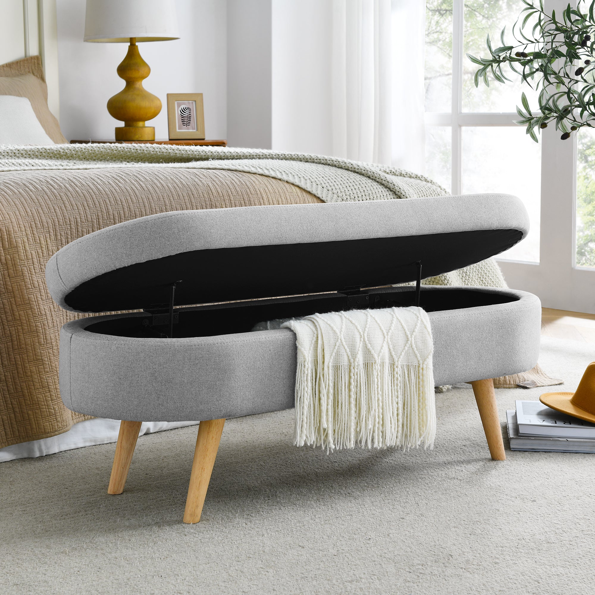 HAOYYE Ottoman Oval Storage Bench, Rubber Wood Legs, Grey(43.5"x16"x16") Sturdy Space-Saving Heavy Duty Modern Design Adults Dorm Room Easy Assembly Bedroom Furniture