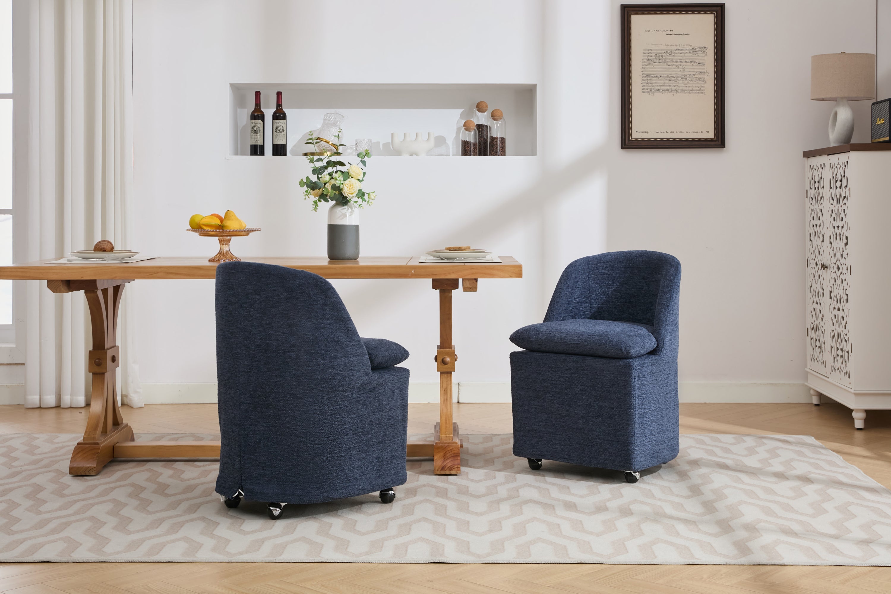 HAOYYE 058-Set of 2 Chenille Fabric Dining Chairs With Universal Wheels,Blue Sturdy Space-Saving Heavy Duty Modern Design Adults Dorm Room Easy Assembly Bedroom Furniture
