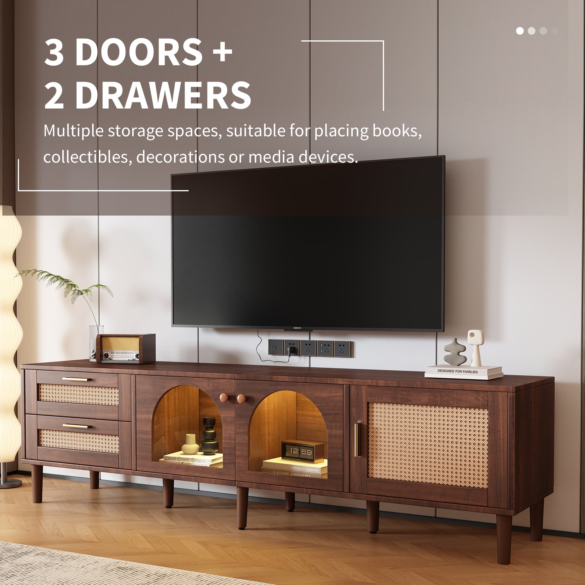 HAOYYE Rattan TV Stand with 3 Cabinets & 2 Drawers, Rattan-Inspired Media Console Table for TVs up to 80", LED Light Entertainment Center, TV Cabinet for Living Room, Bedroom, Home Theater, Sturdy Heavy Duty Construction