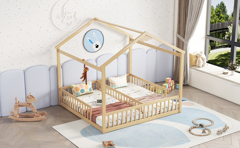 HAOYYE Double Twin House-Style Floor Bed with Fence, Guardrails, without door, Natural Sturdy Space-Saving Heavy Duty Modern Design Adults Dorm Room Easy Assembly Bedroom Furniture
