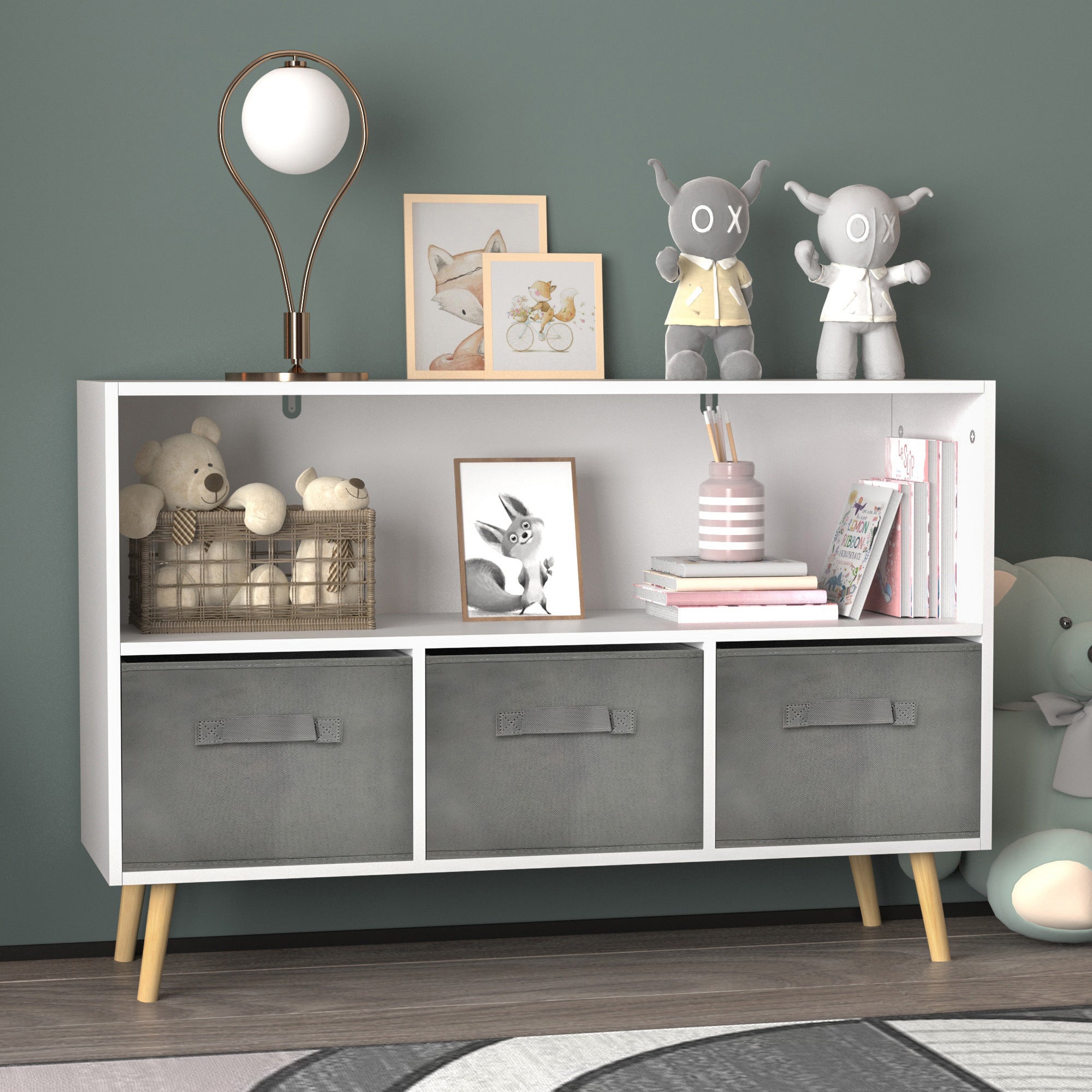 HAOYYE Bookcase with Collapsible Fabric Drawers, Book Display and Toy Storage Cabinet Organizer, White/Gray, Sturdy Space-Saving Design, Heavy Duty Construction, Easy Assembly, Durable and Stylish Home Furniture