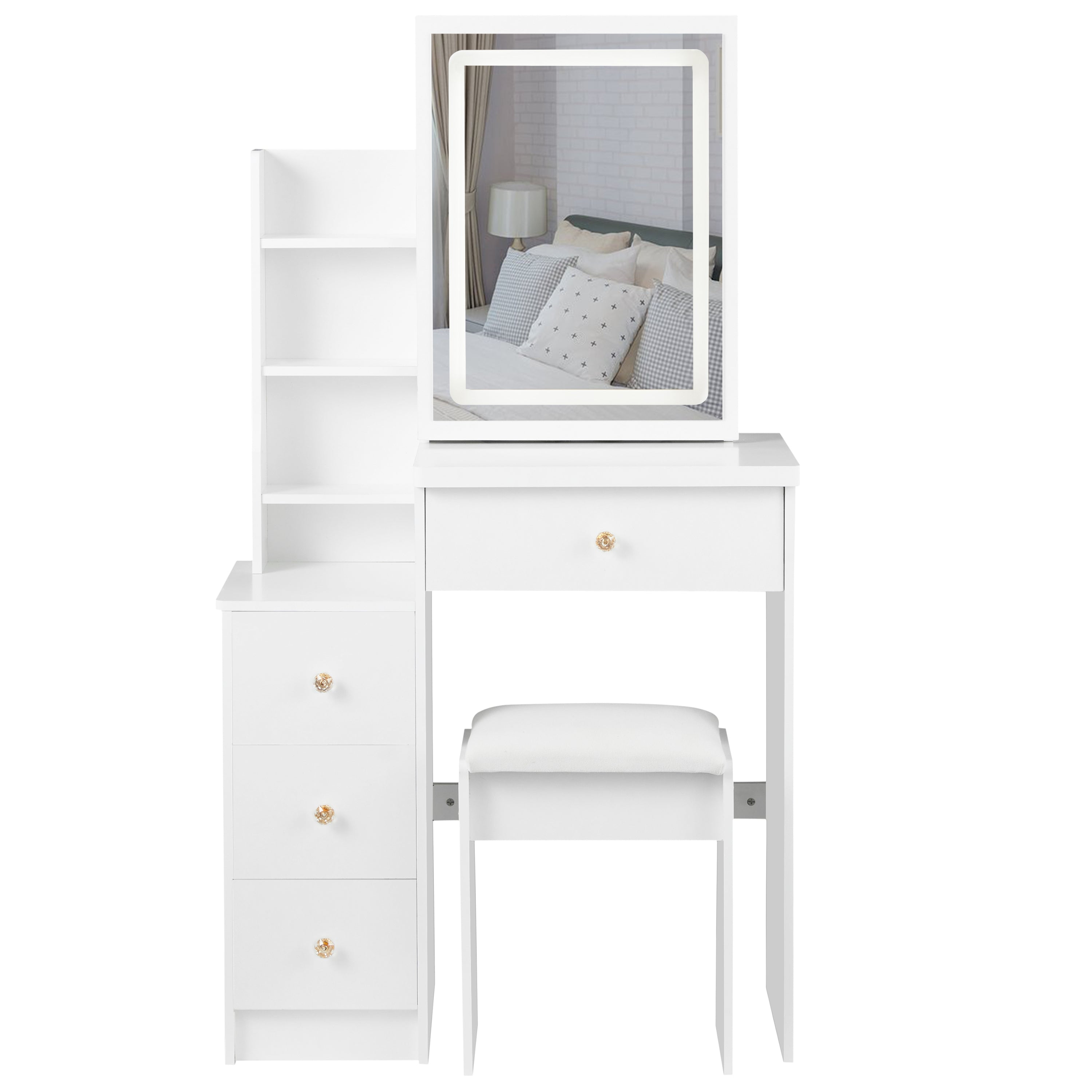 HAOYYE Small Size Left Bedside Cabinet Vanity Table + Cushioned Stool, Touch Control Sliding LED Mirror, Tri-color Switching, Brightness Adjust, Multi Layer, Suitable for Small Space, EPA,GCC,UL Certificate