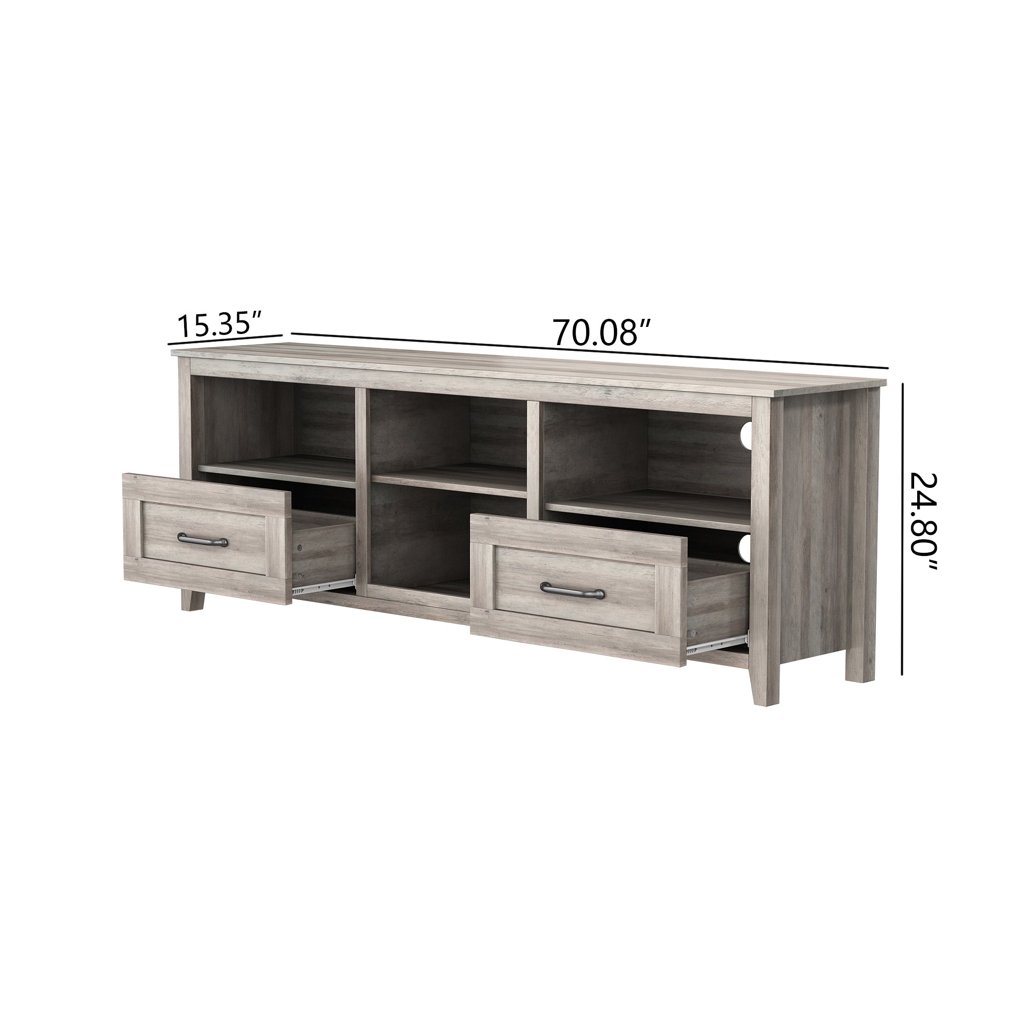 HAOYYE TV Stand for Living Room and Bedroom, with Two Drawers and Four Storage Compartments, Grey Walnut, Sturdy Space-Saving Design, Heavy Duty Construction, Easy Assembly, Durable and Stylish Home Furniture
