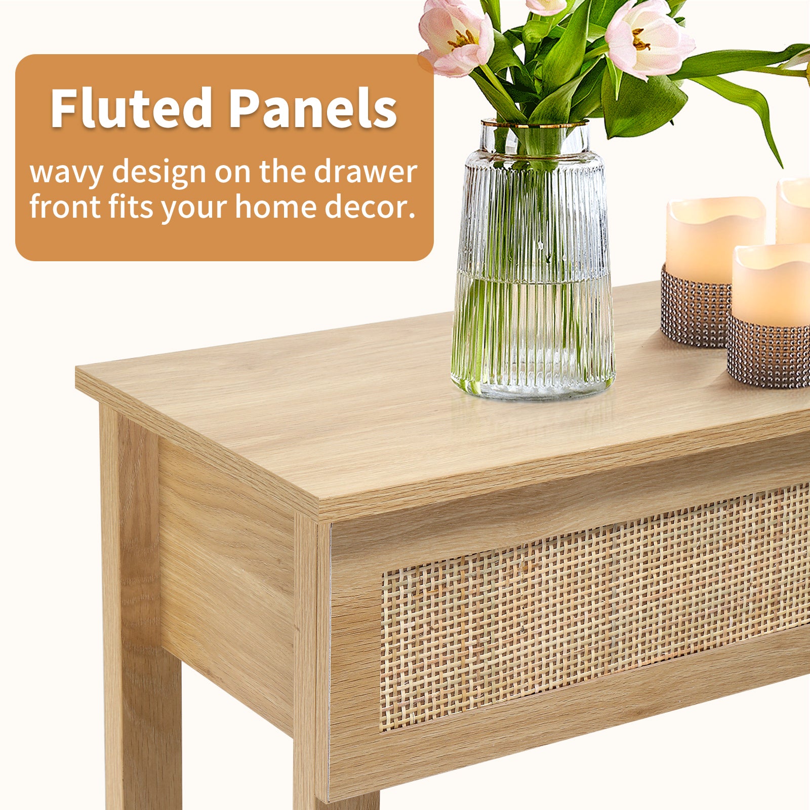 HAOYYE Natural Wood Boho Style Rattan Console Table with 3 Drawers and Open Storage Shelf, Narrow Entryway Sofa Table for Hallway Foyer Behind Couch, Rustic Farmhouse Accent Table